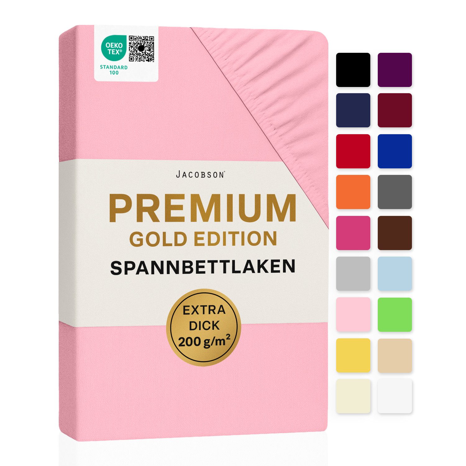 Jacobson Spannbettlaken PREMIUM 200 g/m² Jersey aus 97% Baumwolle & 3% Elasthan, Extra dichtes Bettlaken mit maximalem Halt