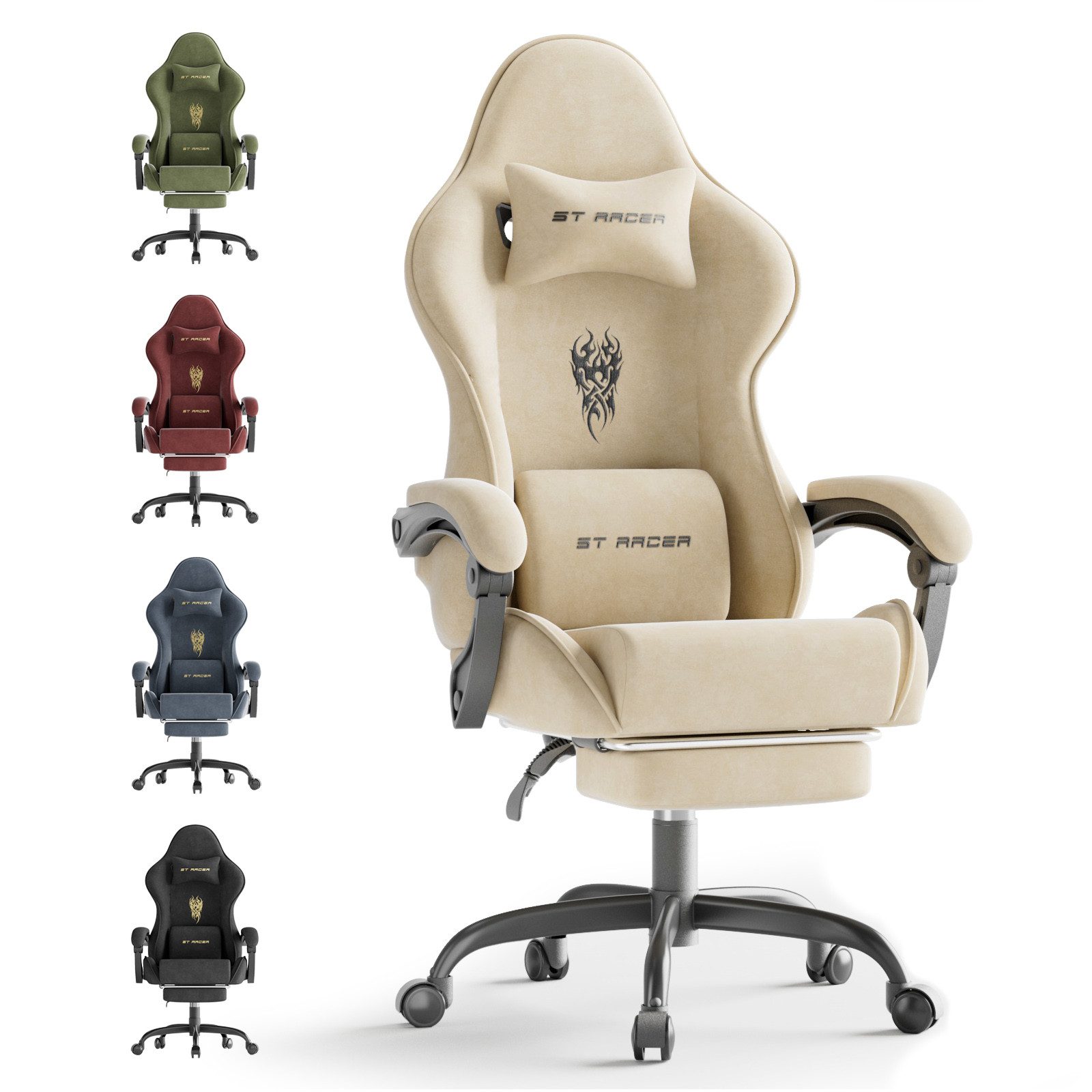 Ferghana Gaming-Stuhl Racing PC Stuhl Verstellbar mit Kopf-,Lendenkissen, Fußstütze (Rückenlehne 90°-125), Ergonomisch, atmungsaktiv Gaming Chair
