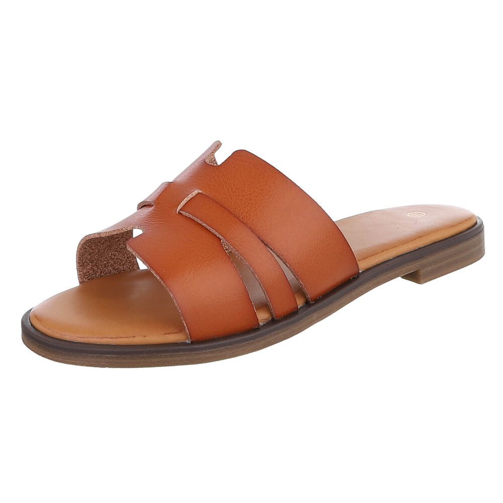 Ital-Design Komfortable Damensandalen mit gekreuzten Riemen für Freizeit Pantolette (91409273) Blockabsatz Pantoletten in Camel