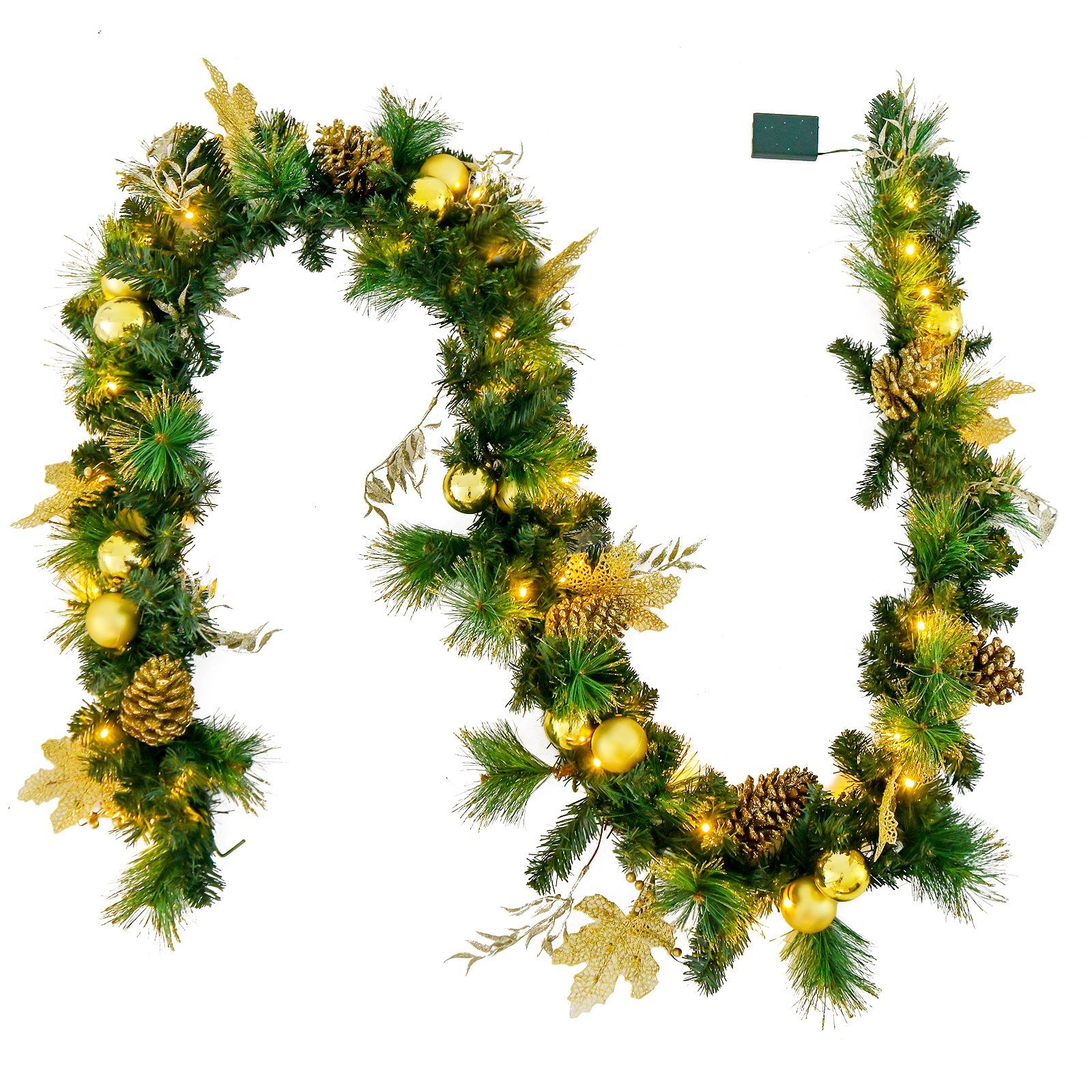 Kunstgirlande, COSTWAY, mit 50 LEDs, Tannenzapfen & goldenen Kugeln, 270cm
