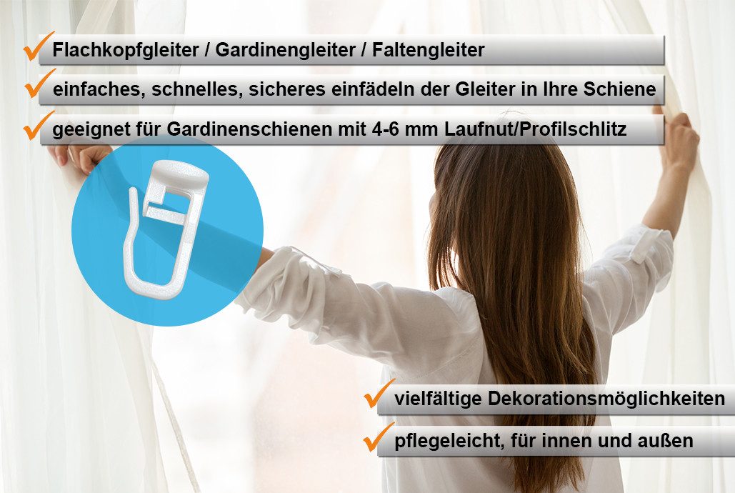 dekondo Gardinengleiter Faltengleiter/Universalgleiter mit Flachkopf 11x9 mm, für Gardinenschienen mit 4-6 mm Laufnut/Profilschlitz, (100-St), mit verschließbar – Bild 3 von 5