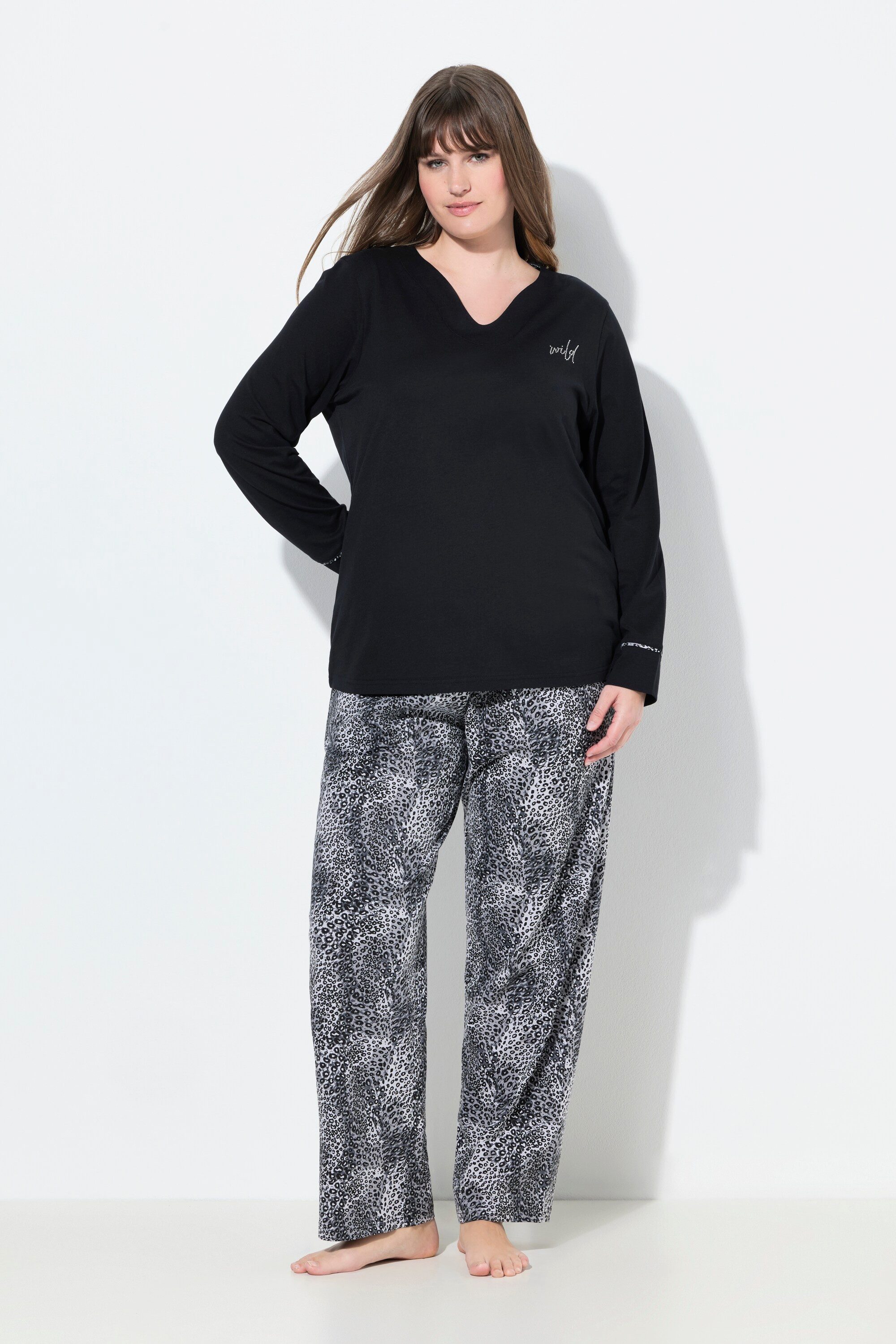 Ulla Popken Pyjama Pyjama Zweiteiler Tunika-Ausschnitt Langarm günstig online kaufen