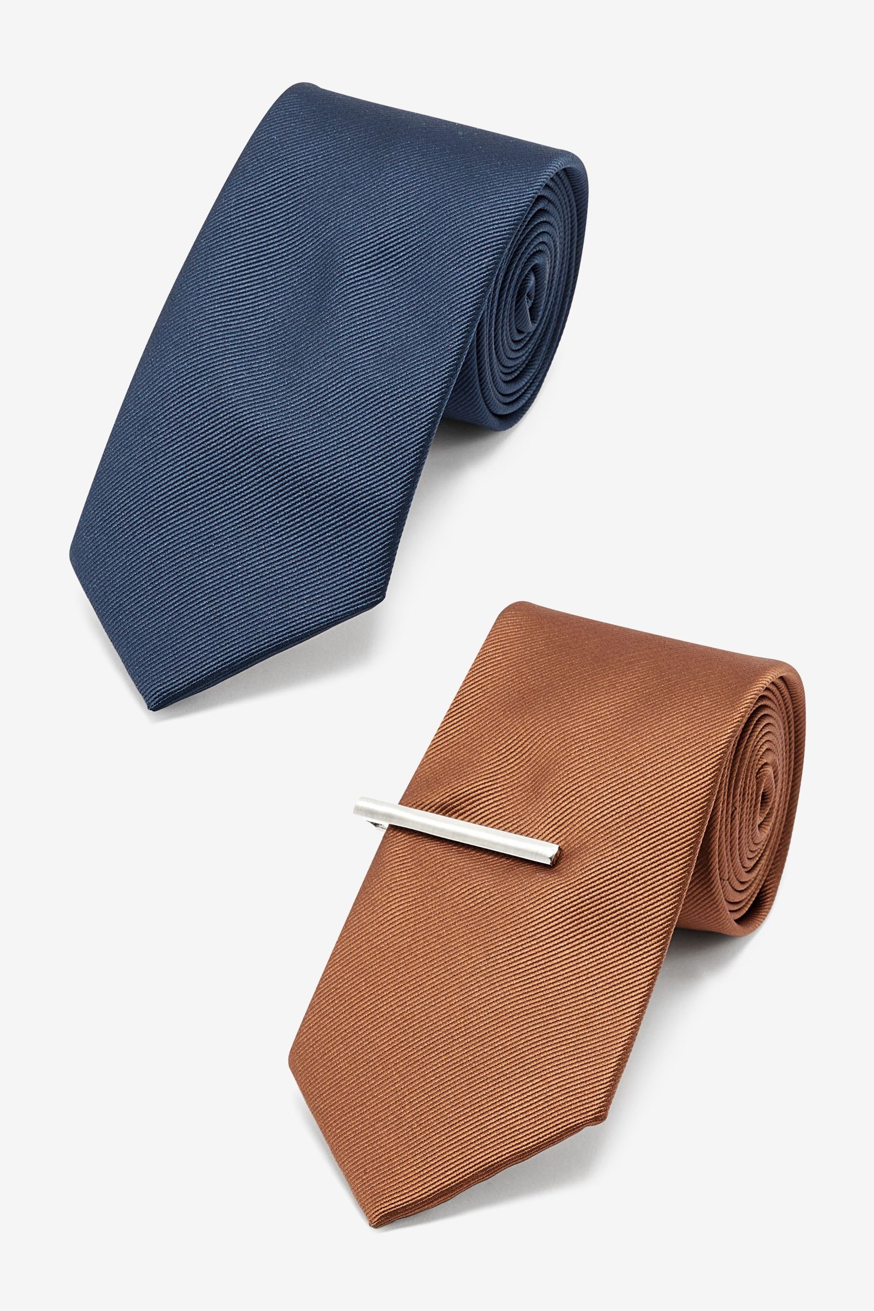Next Krawatte Krawatten aus Twill mit Krawattennadel, 2 Stück (3-St) Navy Blue/Tan Brown