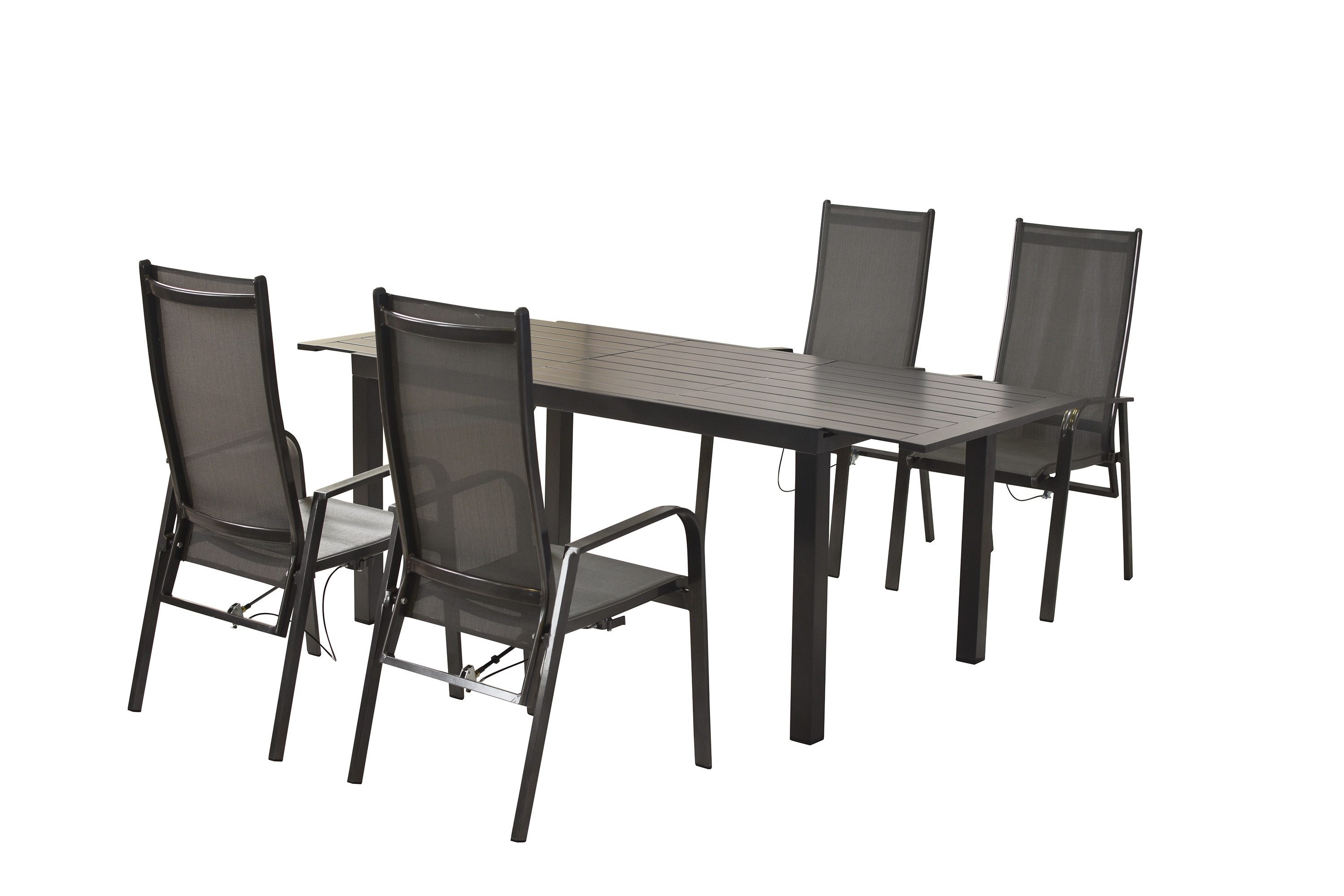 MERXX Garten-Essgruppe Alassio, (Set, 4 Sessel verstellbar durch Gasdruck, Ausziehtisch 150(200)x90x75cm), Aluminiumgestell mit gepolsterter Textilbespannung