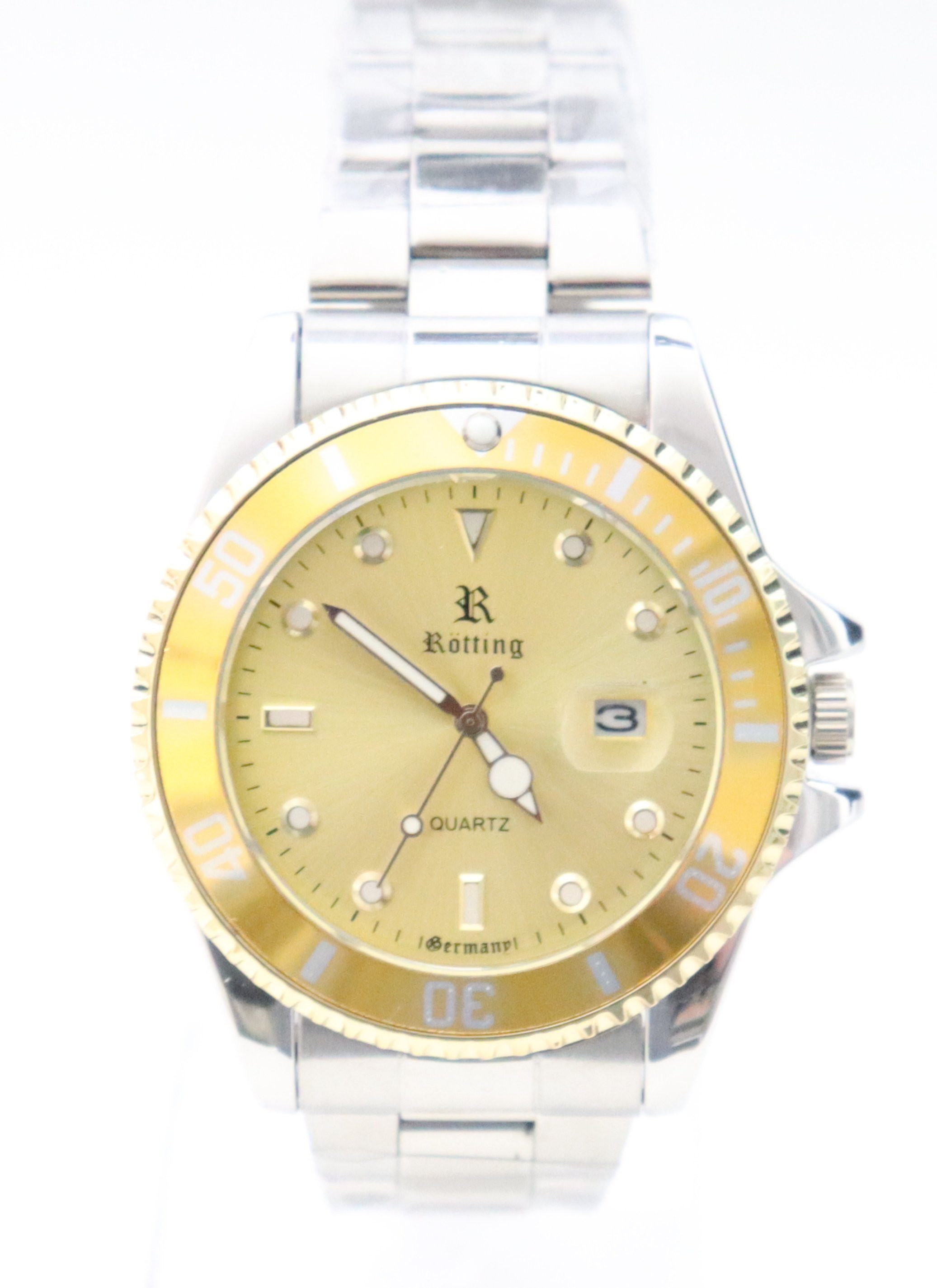 Rötting Design Quarzuhr Herrenuhr Armbanduhr Edelstahl goldfarbenes Ziffernblatt, drehbare Lünette, Datumsanzeige