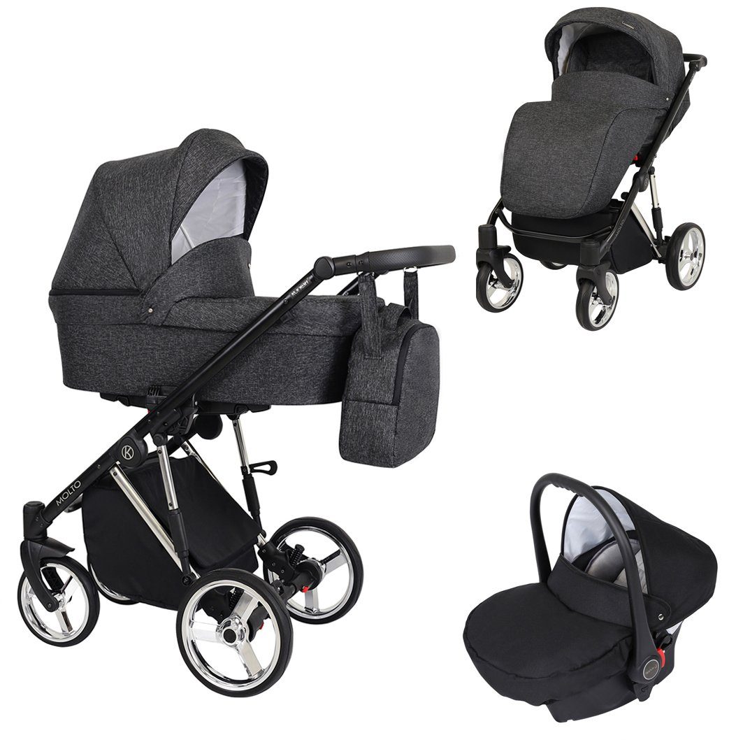 babies-on-wheels Kombi-Kinderwagen Molto Edition 3 in 1 inkl. Autositz -13 Teile- von Geburt bis 4 Jahre Schwarz = Gestell verchromt