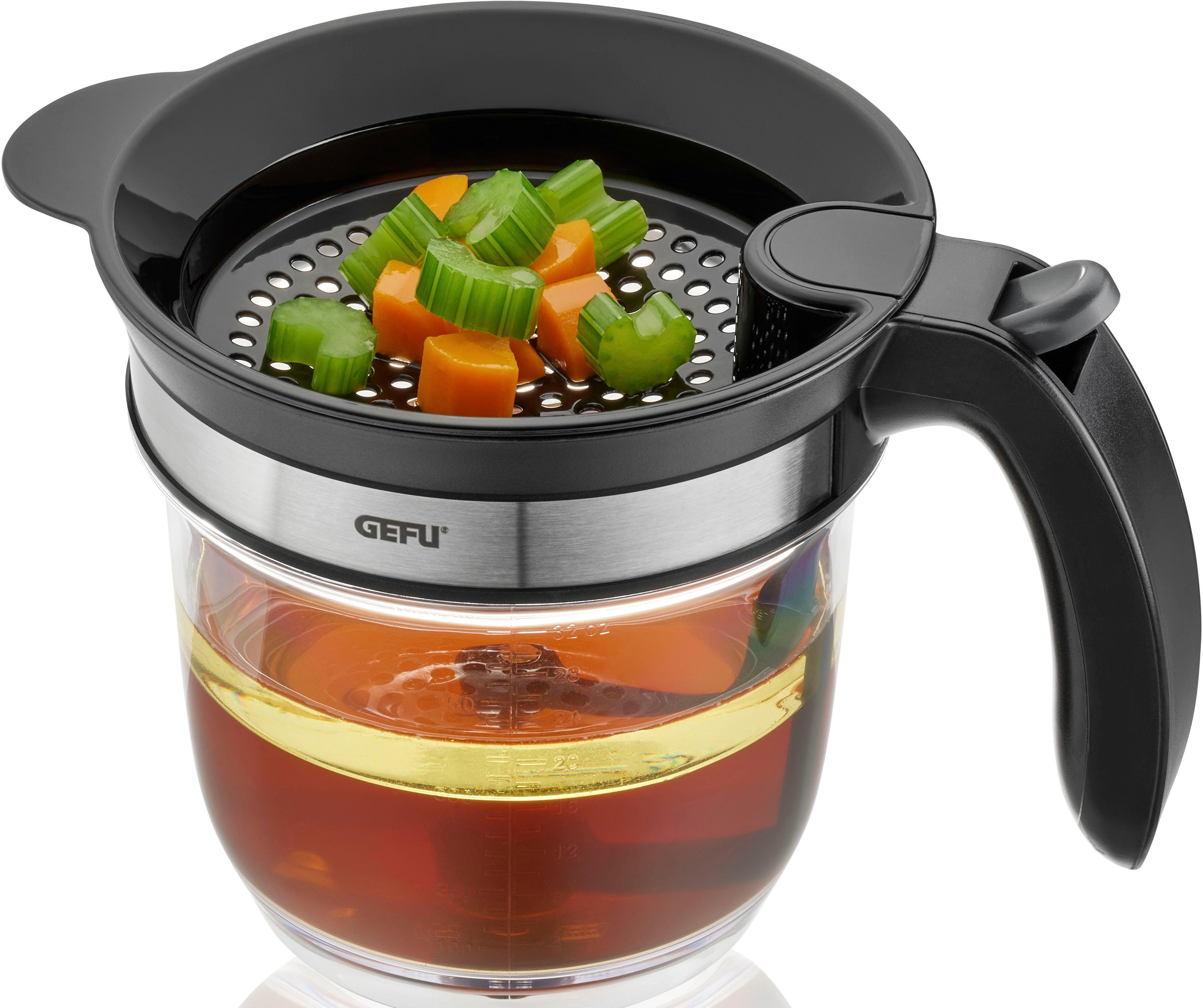 GEFU Fetttrennkanne FLUIDO, Edelstahl, Kunststoff, müheloses Entfetten von Suppen, Saucen und Bratenfonds, 1 L
