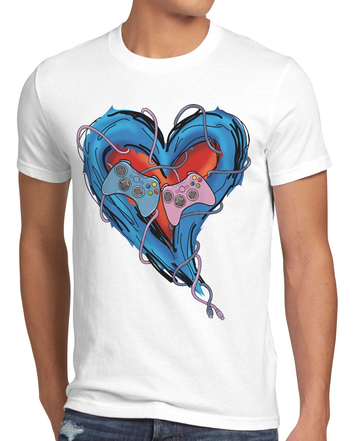 style3 Print-Shirt Herren T-Shirt Gamer Love videospiel partnerschaft liebe weiß
