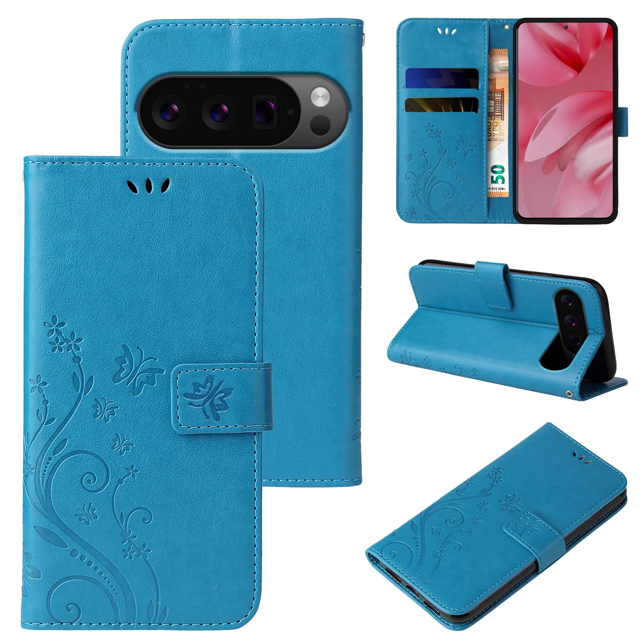 Tec-Expert Handyhülle Cover Tasche Hülle für Google Pixel 10 Pro 6.3 Zoll, 6.3", Klapphülle Case mit Kartenfach Fliphülle aufstellbar, Motiv Blumen
