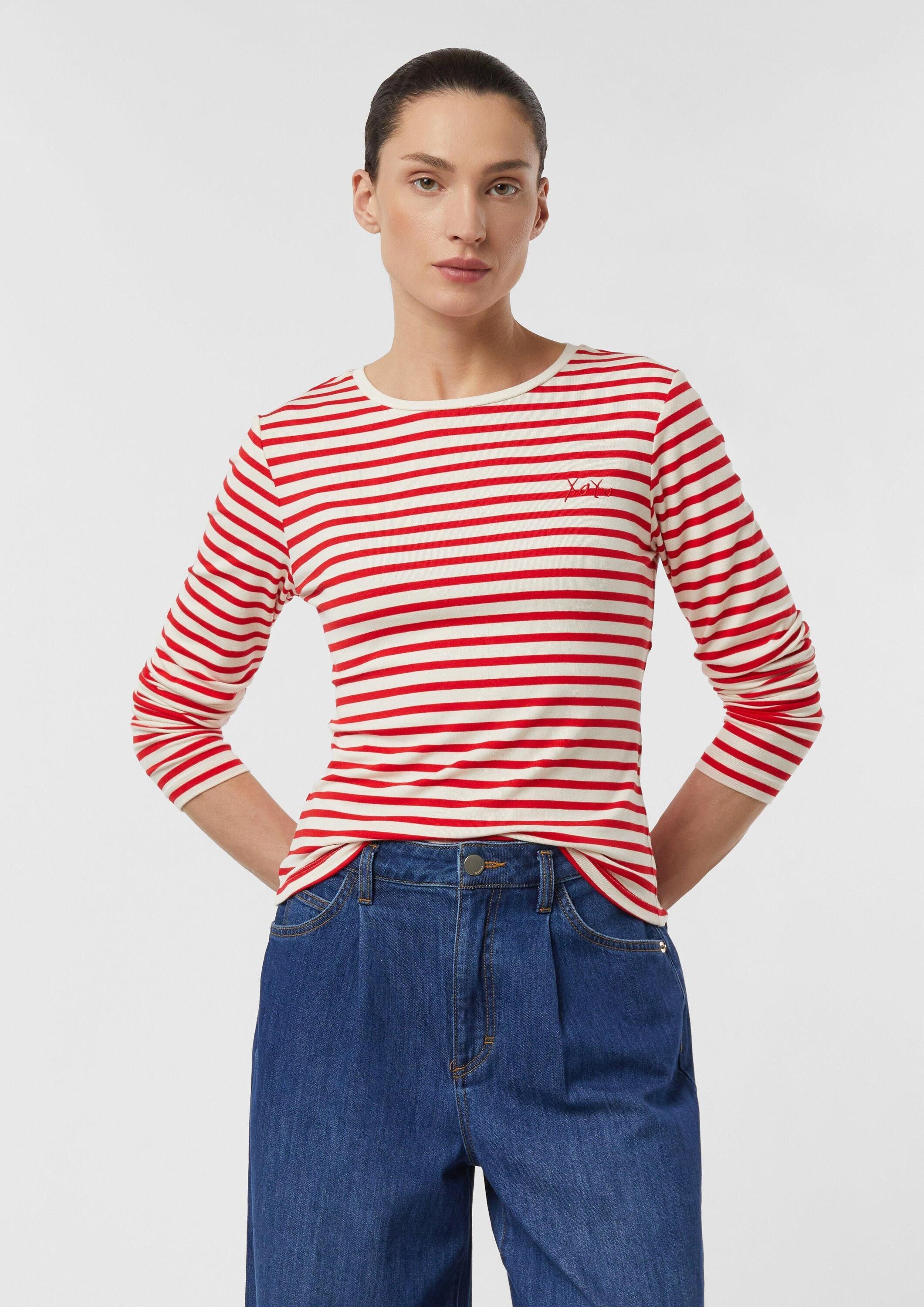 comma Langarmshirt T-Shirt Gestreiftes Langarmshirt aus Viskosemix mit Stickerei