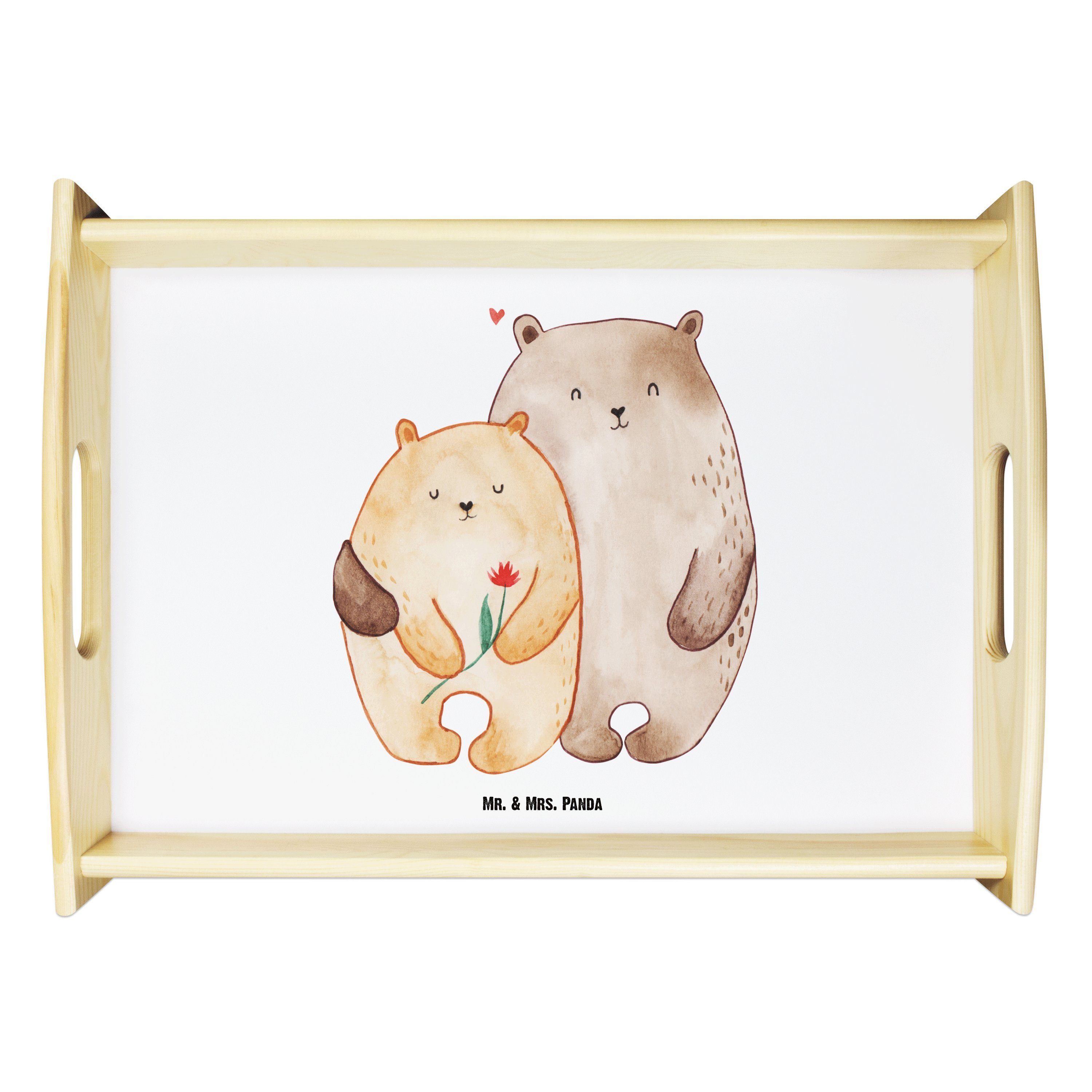 Mr. & Mrs. Panda Tablett Bären Liebe - Weiß - Geschenk, Umarmen, Jahrestag, Dekotablett, Verlo, Echtholz lasiert, (1-tlg)