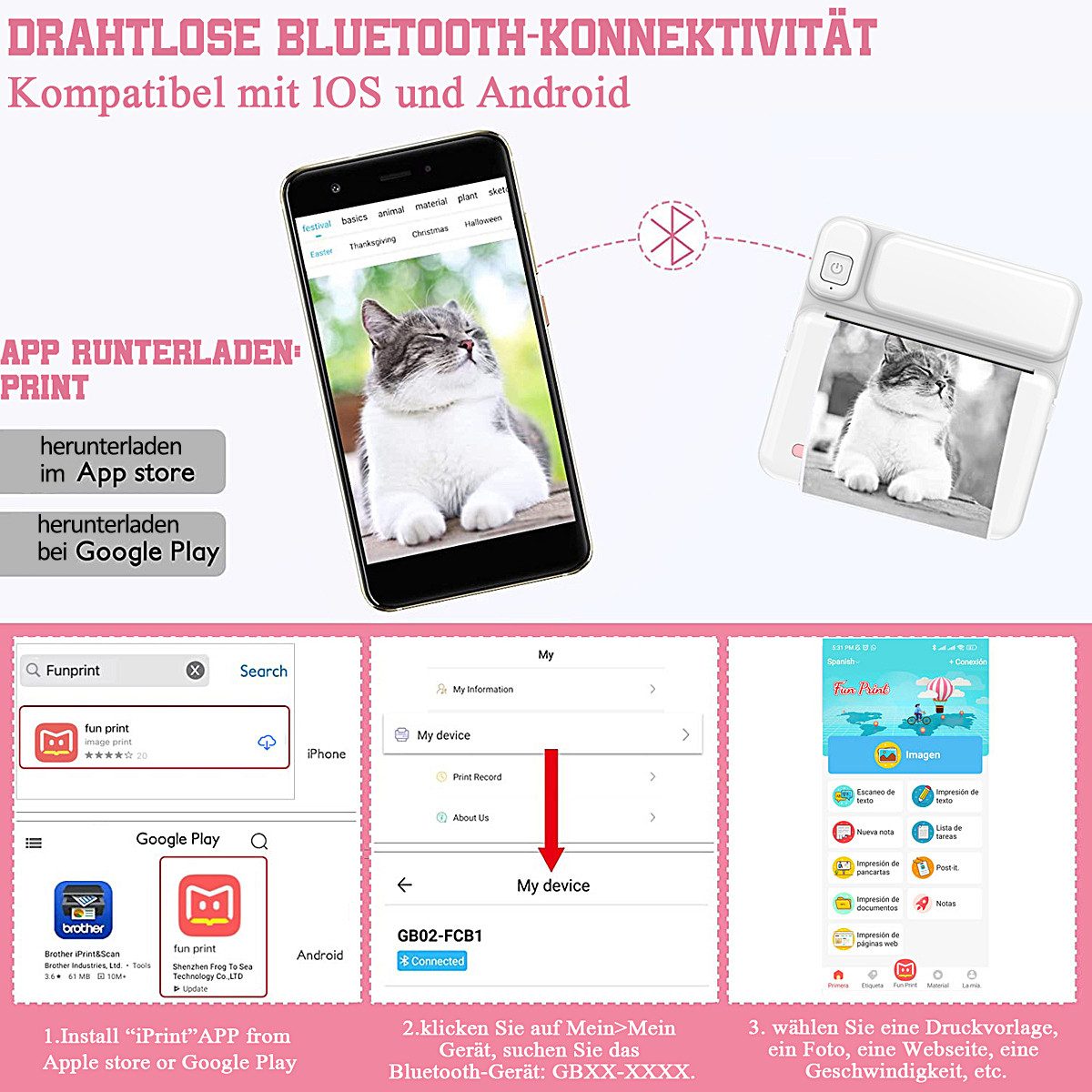 MOPUEA Thermodrucker Kompatibel für iOS Android Etikettendrucker Bluetooth Etikettendrucker, (WLAN (Wi-Fi), Bluetooth-Fotodrucker, 5 Druckpapier 5 selbstklebende Thermopapier 3 Farbdruckpapier 6 Pinsel)