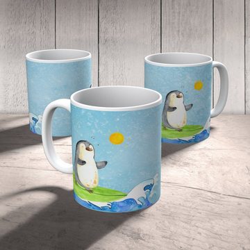 Mr. & Mrs. Panda Kinderbecher Pinguin Surfer - Eisblau - Geschenk, Wellen reiten, Hawaii, Outdoorge, Kunststoff, Mikrowellenbeständig