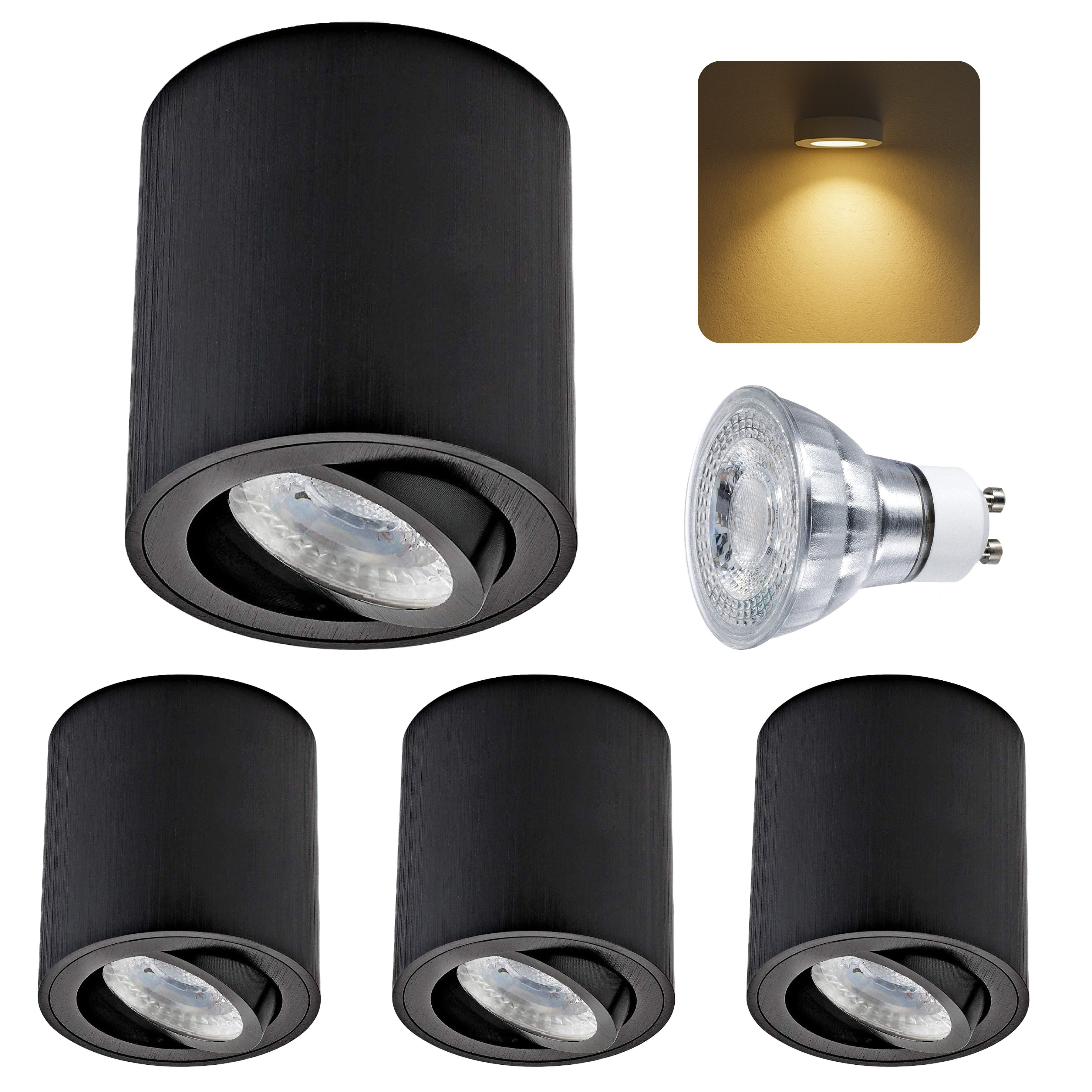 Sweet LED LED Накладной прожектор 4er Set LED Aufbauspots GU10 schwarz – 7W Deckenspot 230V, LED wechselbar, Warmweiß, LED Deckenlampe, Deckenstrahler