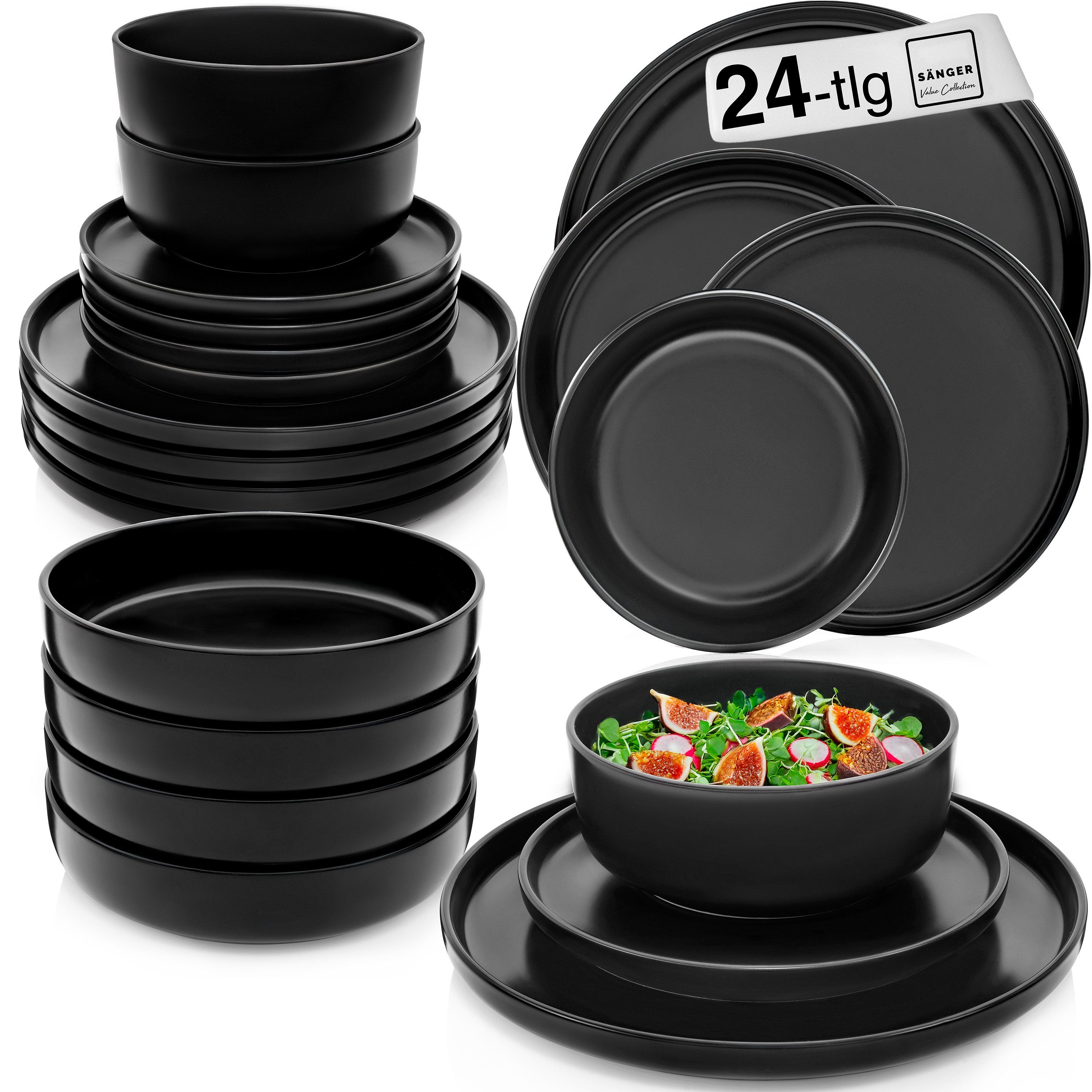 SÄNGER Tafelservice Madeira Geschirrset (24-tlg), 6 Personen, Steingut, schwarz, Handmade, VALUE COLLECTION