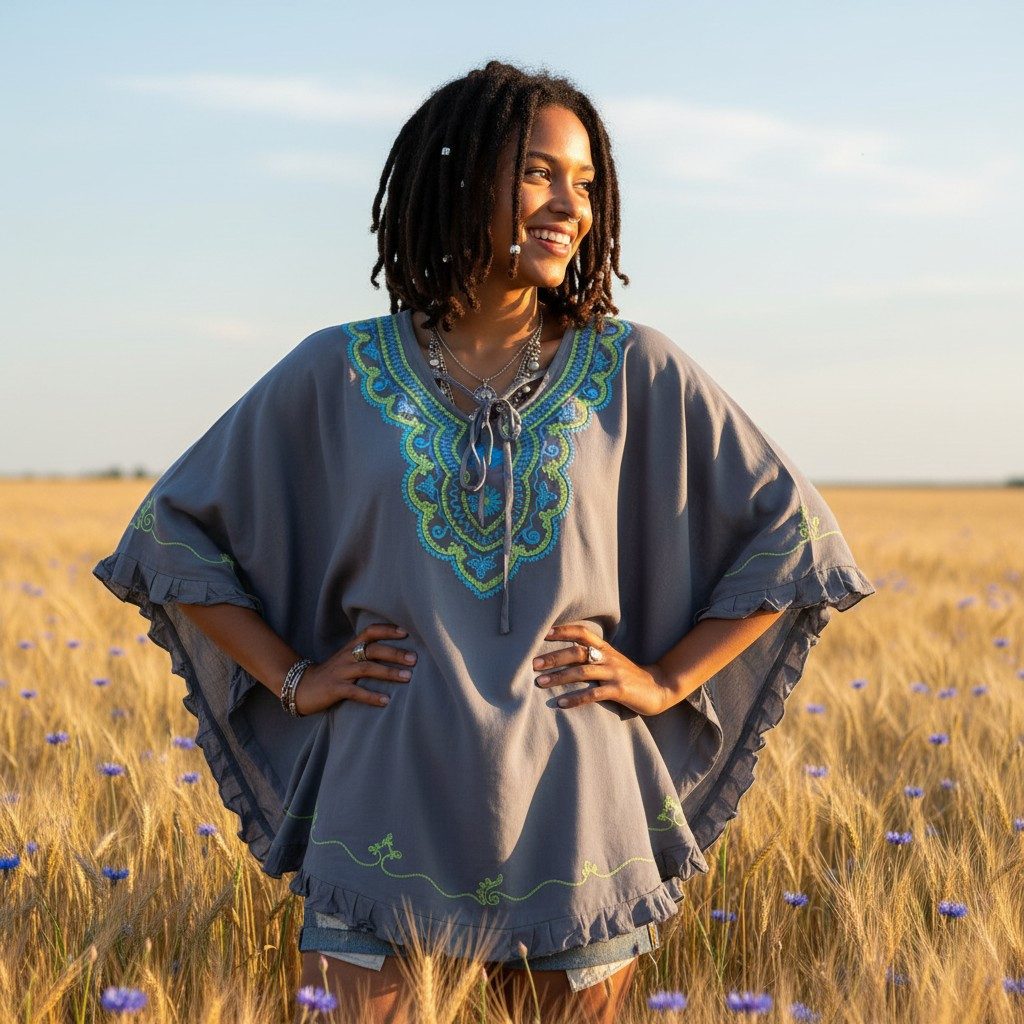 Guru-Shop Longbluse Bestickter Hippie Poncho, Tunika, Kaftan,.. alternative Bekleidung