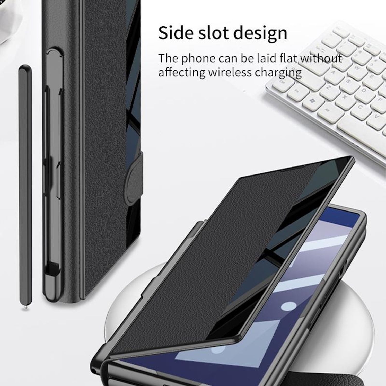 Wigento Handyhülle Für Samsung Galaxy Z Fold7 Integrierte Flip Hülle Stifthalter Silber, Flip Hülle mit Stifthalter und Standfunktion