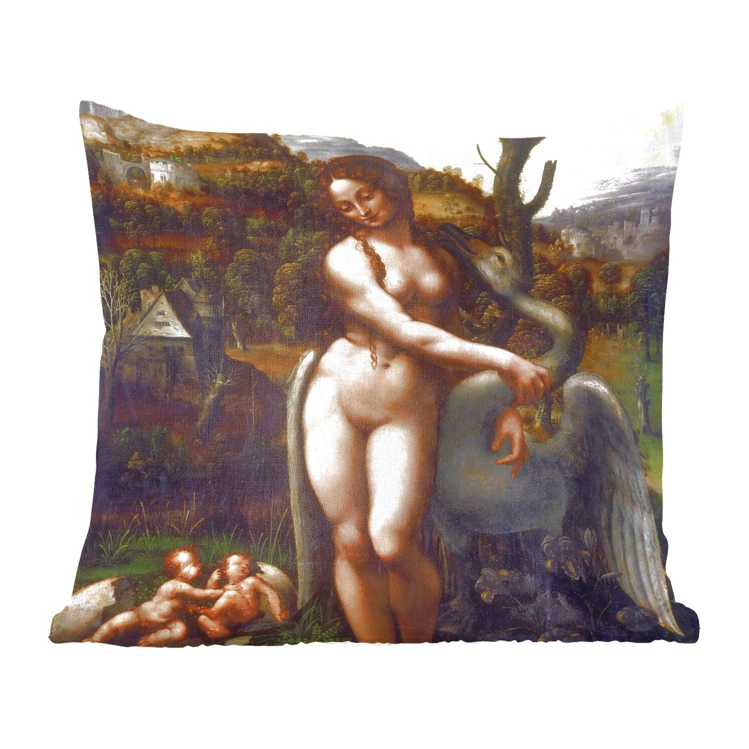 Wohzimmer, mit für Dekokissen MuchoWow Schlafzimmer, - Schwan Zierkissen Deko, der Leda Füllung Vinci, Leonardo da Sofakissen und