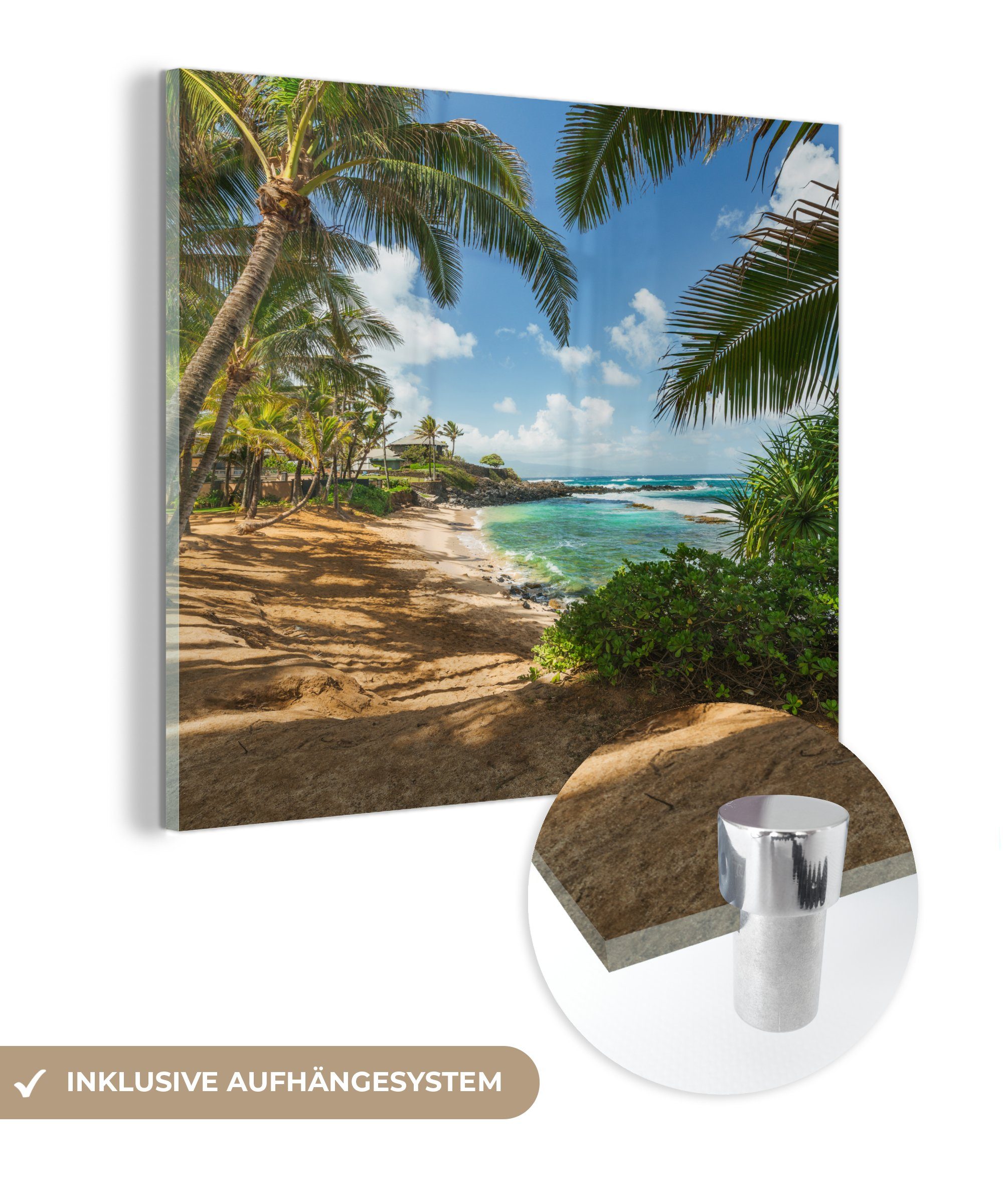 MuchoWow Acrylglasbild Blick auf das Meer zwischen den Palmen auf Maui, (1 St), Glasbilder - Bilder auf Glas Wandbild - Foto auf Glas - Wanddekoration | Bilder