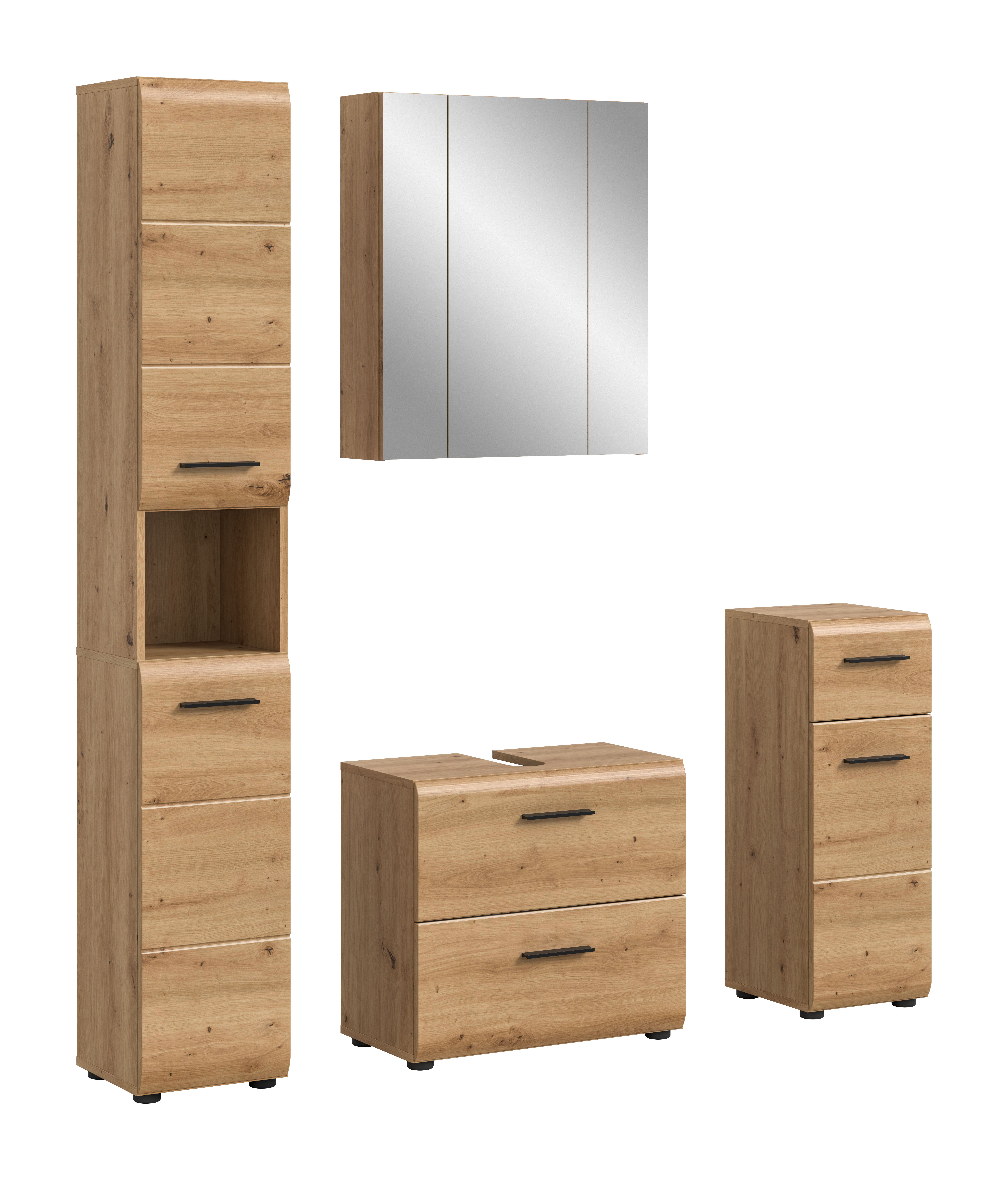 furnling Badmöbel-Set Ivy, (4-St., Hochschrank, Spiegelschrank, Standschrank, Waschbeckenunterschrank), Badezimmermöbel, Komplett-Set, Höhe 185 cm, Artisan Oak