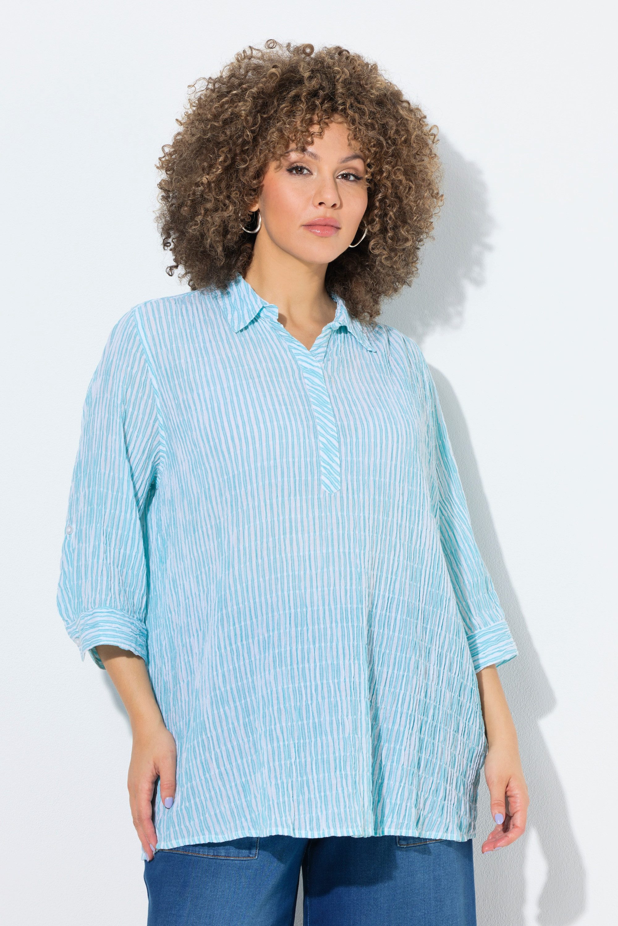 Satinbluse Bluse Streifen A-Linie Hemdkragen Langarm