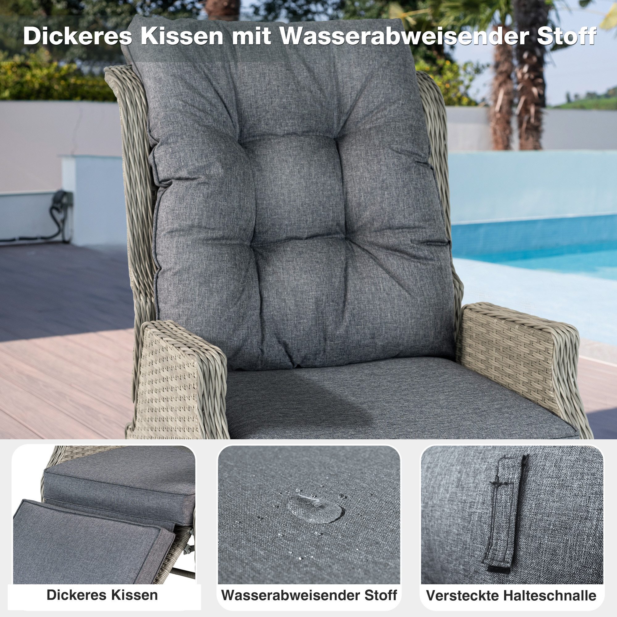 HOMECALL Rattanstuhl Gartensessel Indoor Verstellbar Liegestuhl Gartenliege balkonliege (Wetterfester Rahmen, klappbarem Beistelltisch und Fußstütze, 2 St), COM – Bild 5 von 5