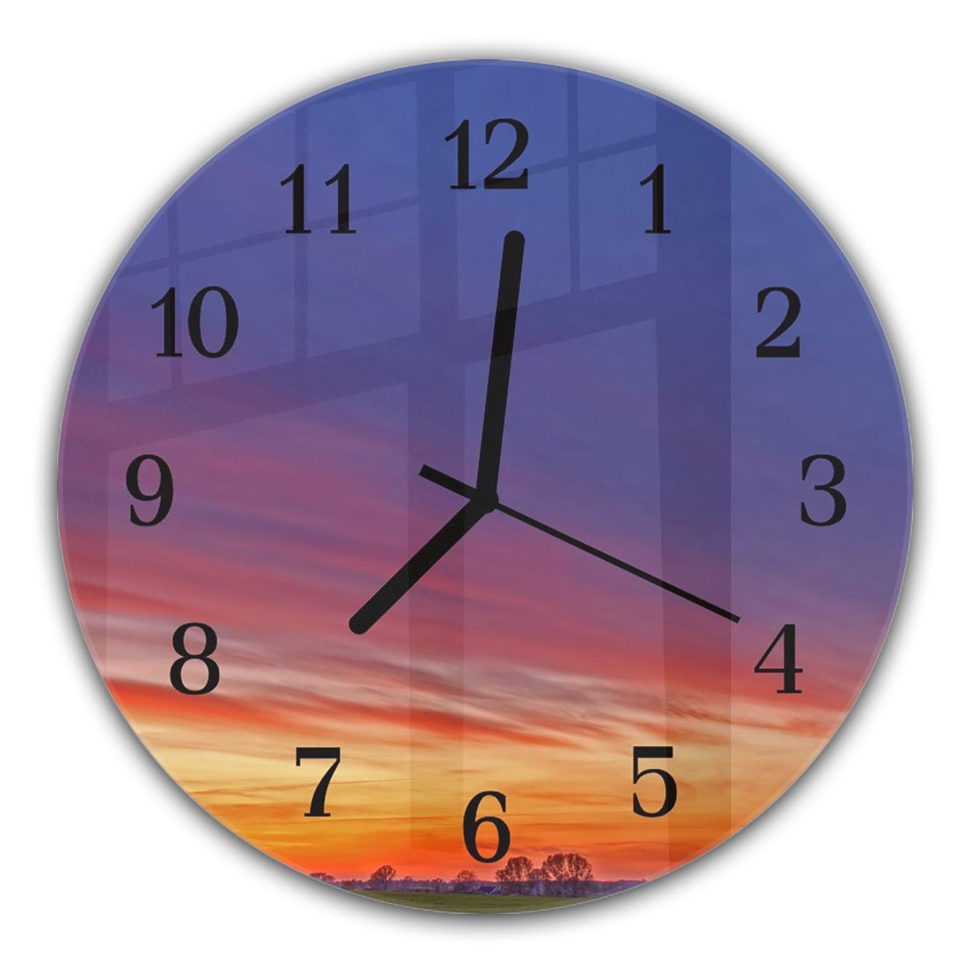 mit Wanduhr Quarzuhrwerk Motiv Sonnenuntergang 30 aus mit - Durchmesser Glas im Primedeco Rund Wanduhr und Himmel cm