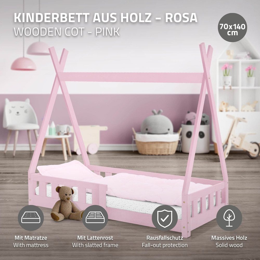 ML-DESIGN Spielbett Hausbett Tipi Zeltbett inkl. Lattenrost Bodenbett Kinder Himmelbett, Abenteuerbett mit Rausfallschutz Zelt Bett Kiefer Rosa Kinderhaus
