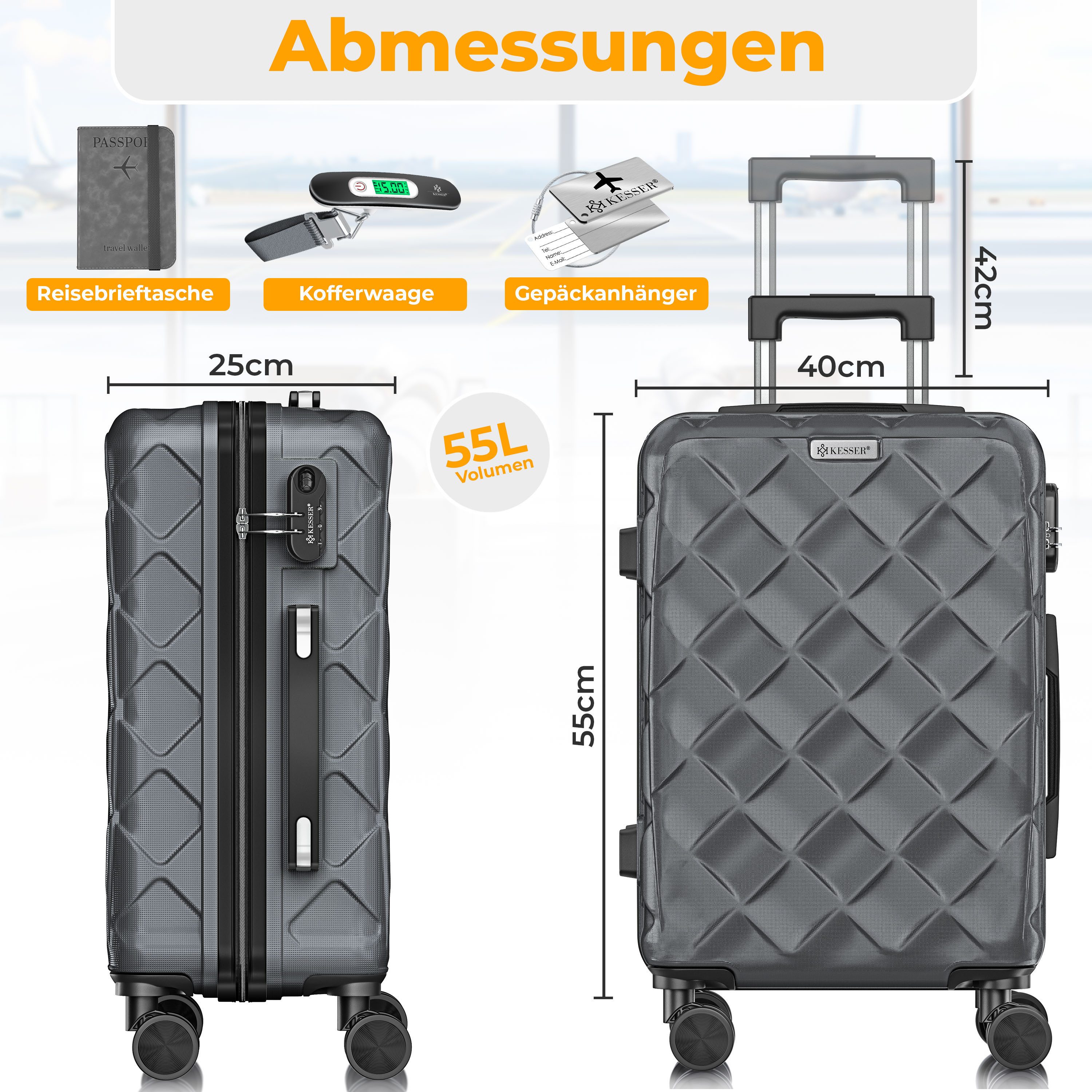 KESSER Hartschalen-Trolley Reisekoffer, 4 Rollen, ABS Hartschalenkoffer mit Zahlenschloss Kofferwaage & Reisebrieftasche