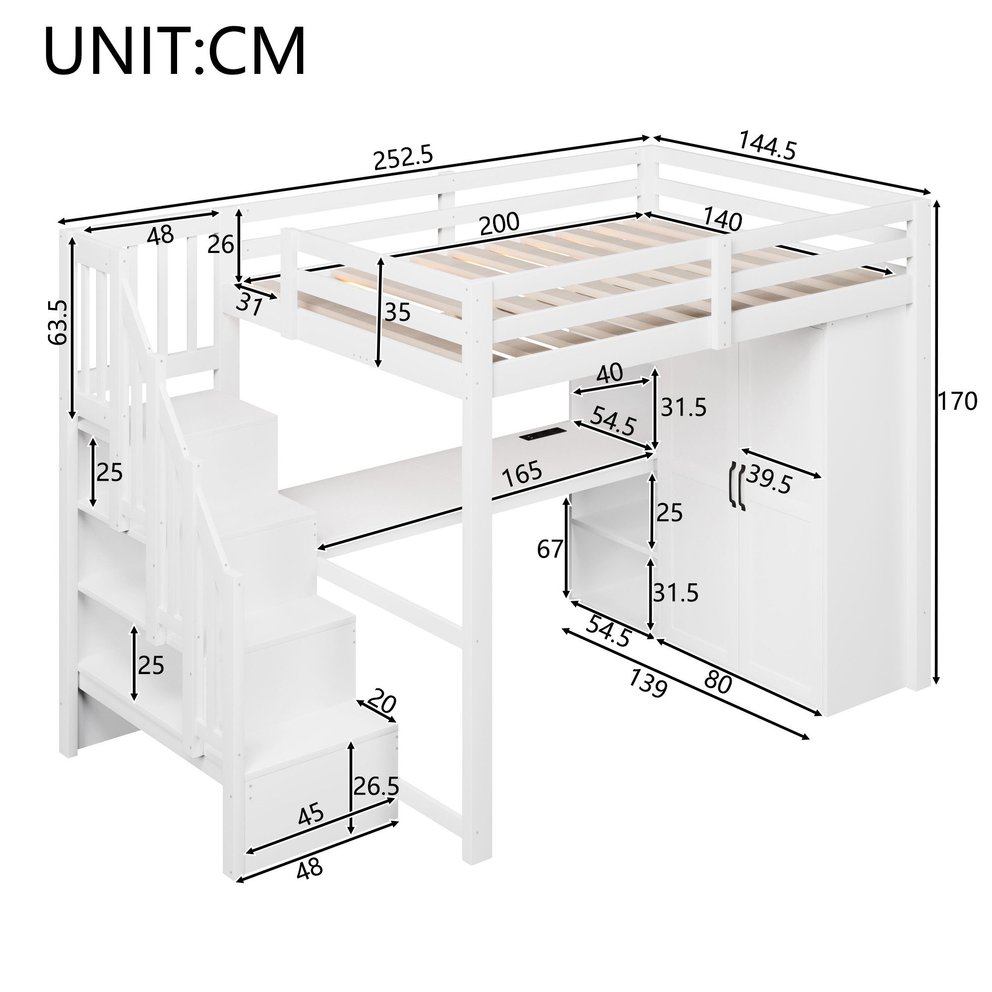 Odikalo Hochbett 140x200 Kinderbett Jugendbett mit Schreibtisch Kleiderschrank und LED (mit Schreibtisch und Regal, Kleiderschrank, Stauraumtreppe, USB und LED- – Bild 4 von 5