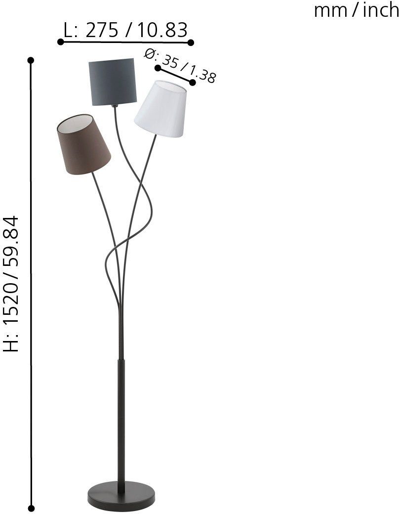 EGLO Stehlampe MARONDA Stehlampe, Stahl und Textil, E14, IP20, Wohnzimmerlampe, Lampe, Ein-/Ausschalter, Leuchtmittel wechselbar, ohne Leuchtmittel, Stehleuchte, L27,5 x B3,5 x H152 cm, schwarz, 3X40W exkl.