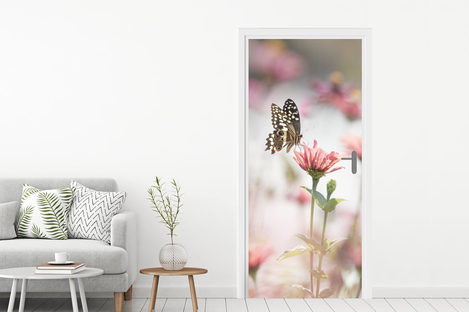 Tür, Türtapete - bedruckt, (1 Blume St), - Schmetterling 75x205 Türaufkleber, Rosa, MuchoWow für Fototapete cm Matt,