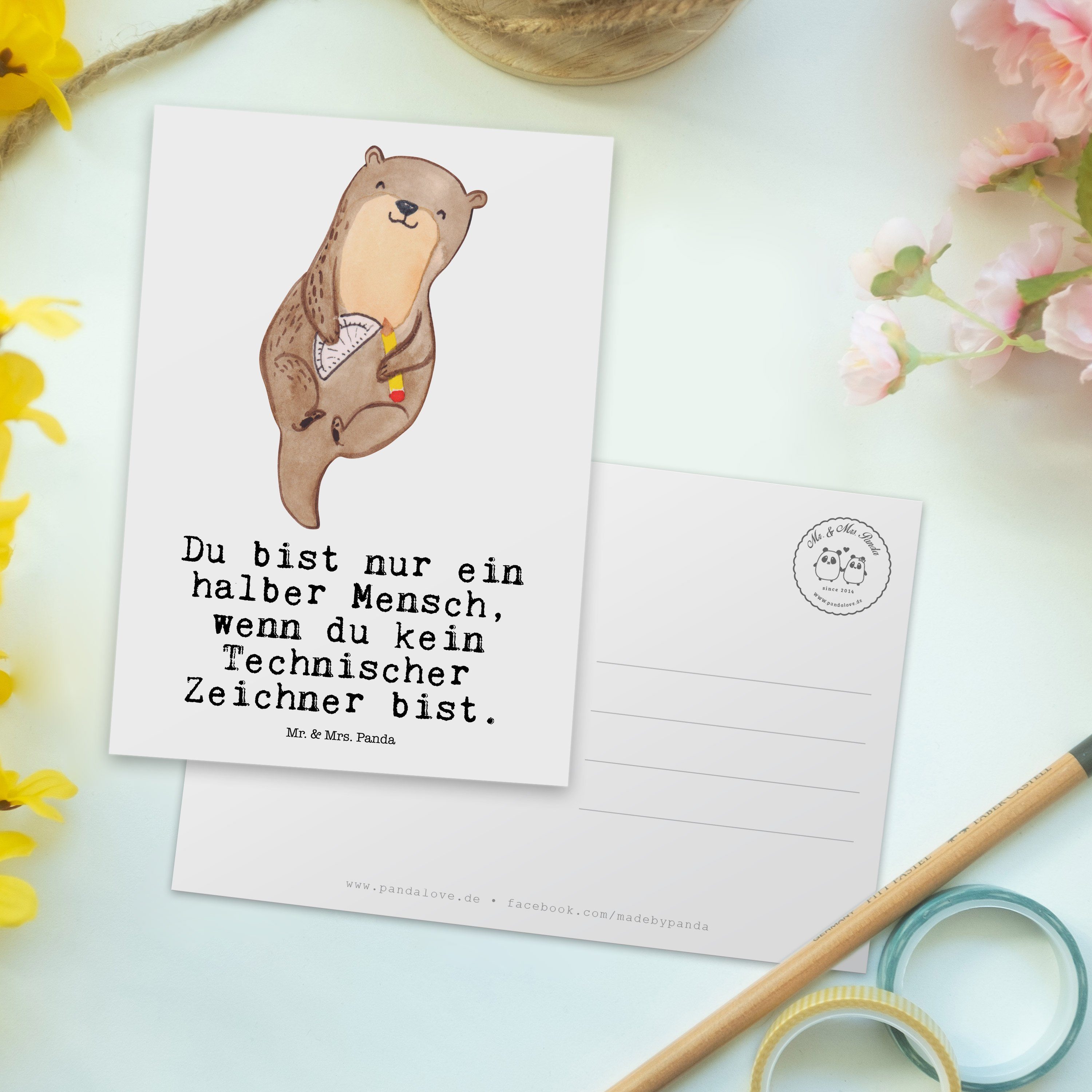 Mr. Panda Postkarte Arbeitskollege, Weiß Herz & Mrs. Zeichner Geschenk, - Technischer - mit Einl