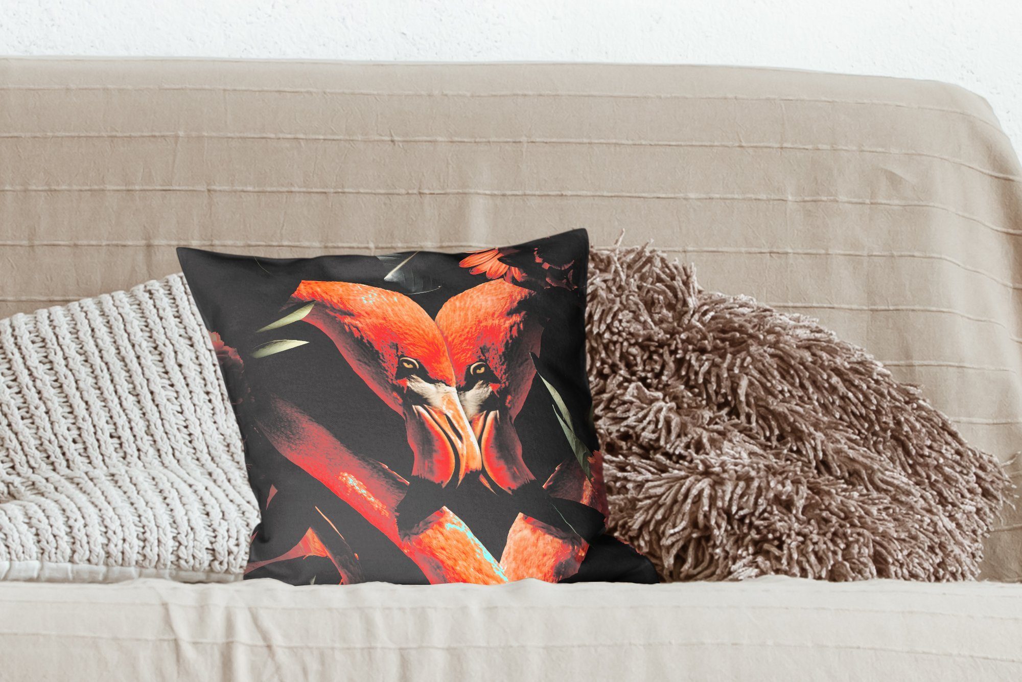 - Blumen, Wohzimmer, Schlafzimmer, Flamingo Zierkissen MuchoWow für mit Blätter Füllung Deko, - Sofakissen Dekokissen