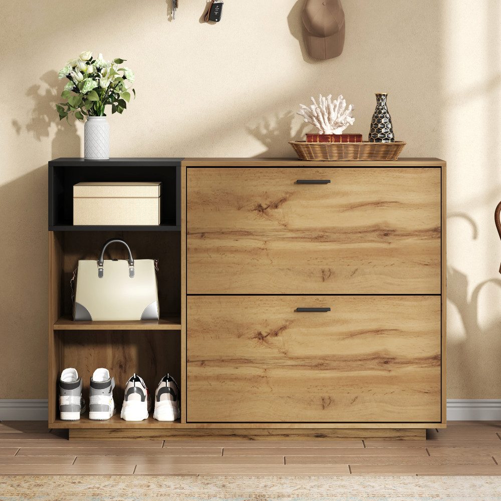 BBWL Schuhschrank mit 2 Klappfächern und 3 offenen Regalen MDF Sideboard in Holzoptik Schuhschrank für Flur Eingang 120 cm