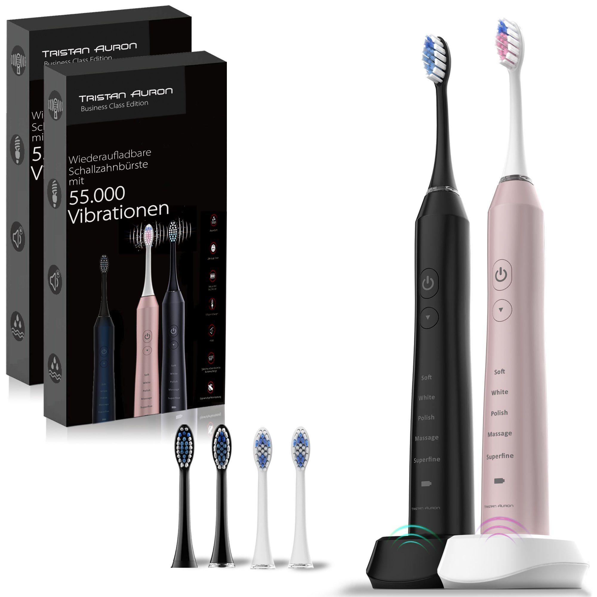 Tristan Auron Elektrische Zahnbürste Elektrische Zahnbürste Doppelpack 55000 VPM 60 Tage Akku 5 Modis IPX7, Aufsteckbürsten: 4 St., 2 Min Timer, 5 Modis, IPX7 Wasserdicht, 55 000 VPM, extrem leise <65db