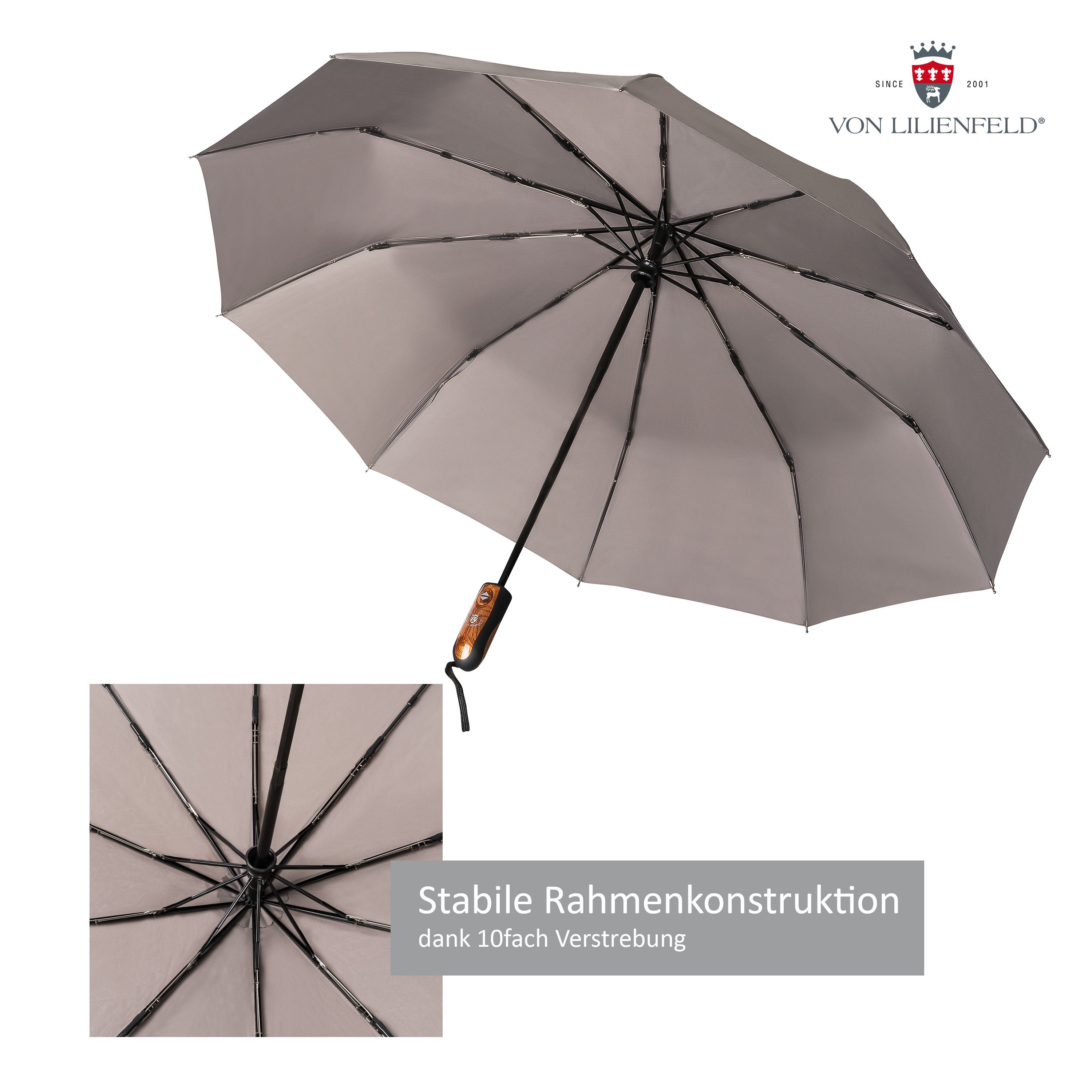 von Lilienfeld Taschenregenschirm Schirm Clark Teflonbeschichtung, Reise-Etu grau extrem wasserabweisend, Auf-Zu-Automatik schnelltrocknend mit