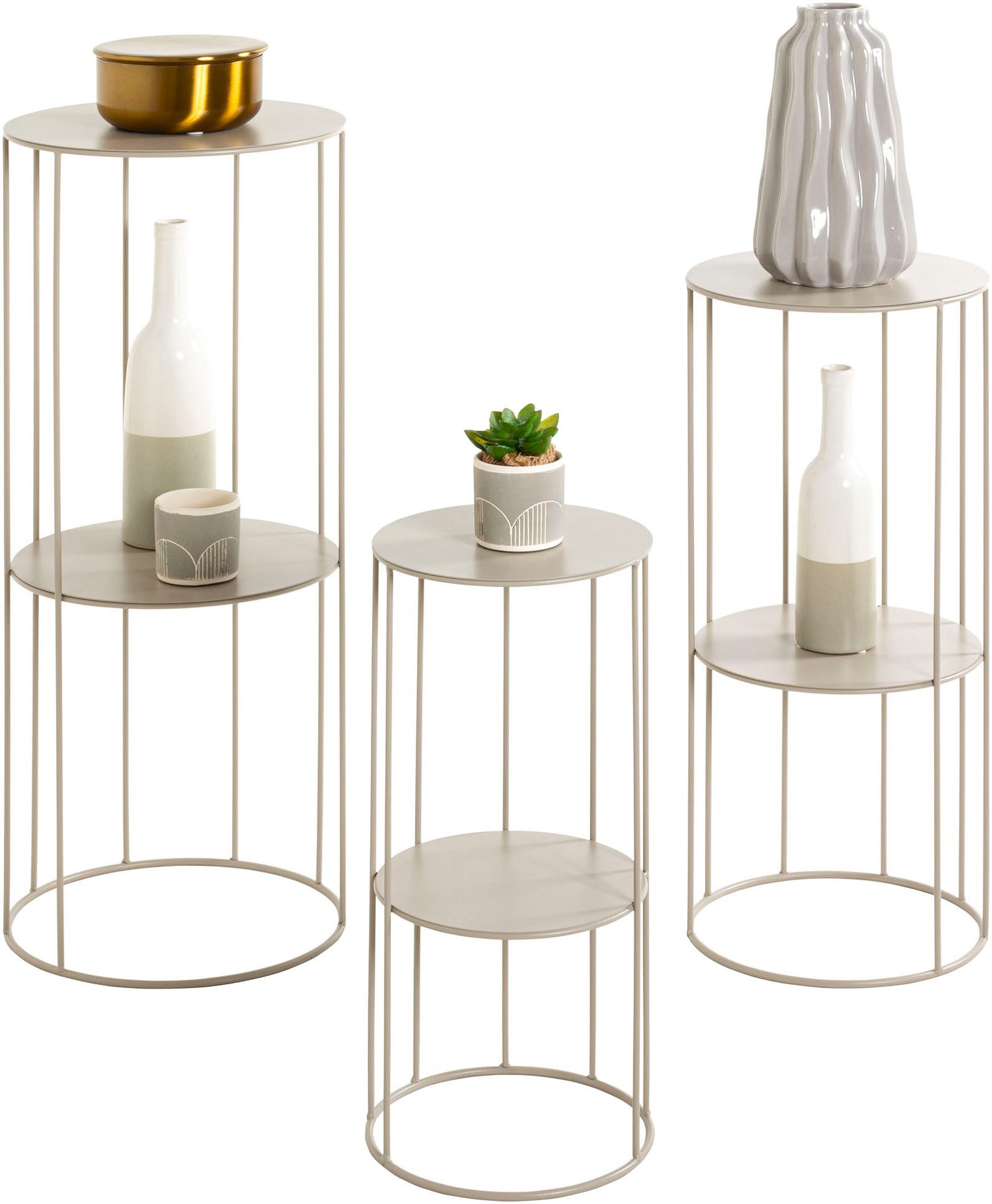 HAKU Blumentisch Blumenpodest, Blumenständer, Pflanzsäule (Set, 3-St., 3er Set), rund - aus Metall Grau - Ø/H 21/45 und 25/57 cm