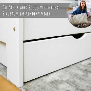 Kids Collective Kinderbett weiß 80x160 90x200 Jugendbett mit Schublade Rausfallschutz, 100% Kiefern-Vollholz, 160x80, Bettkasten, optional mit Matratze