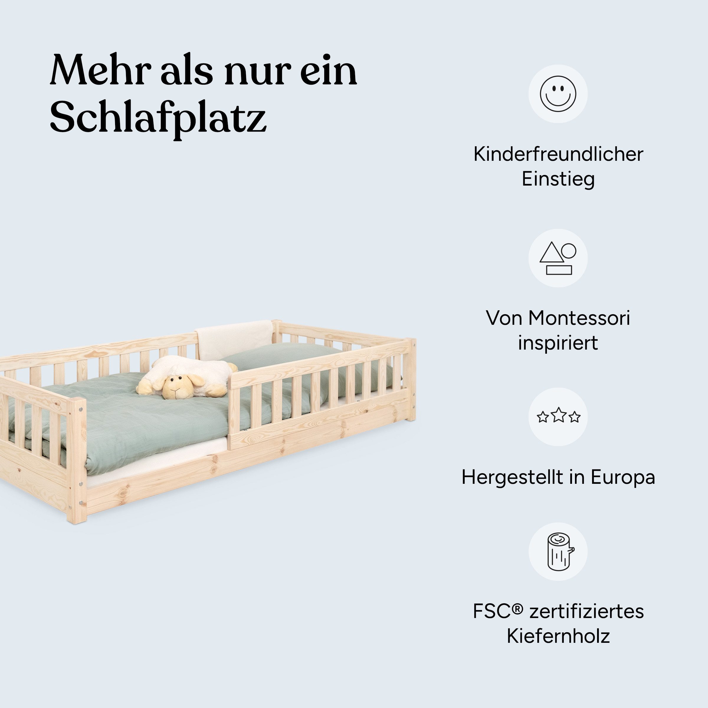 Ehrenkind Kinderbett Bodenbett Lille aus massivem Kiefernholz mit Rausfallschutz (Hochwertiges Kinderbett aus FSC® zertifziertem Holz / Bodenbett in 90x200, Montessori Kinderbett), Bodenbett, aus FSC zertifiziertem Holz