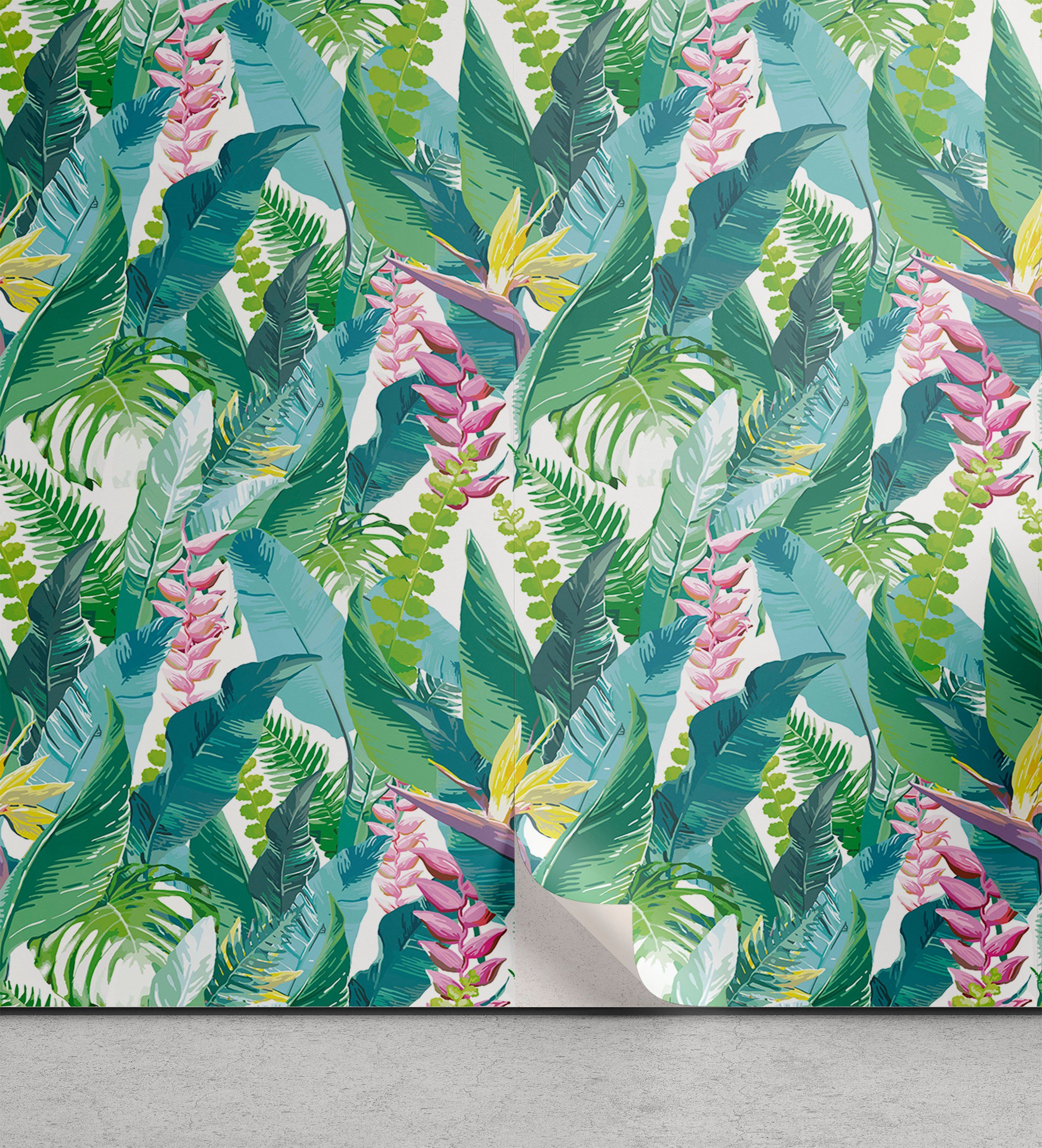 Abakuhaus Vinyltapete selbstklebendes Wohnzimmer Küchenakzent, Tropisch Fern und Monstera Leaves
