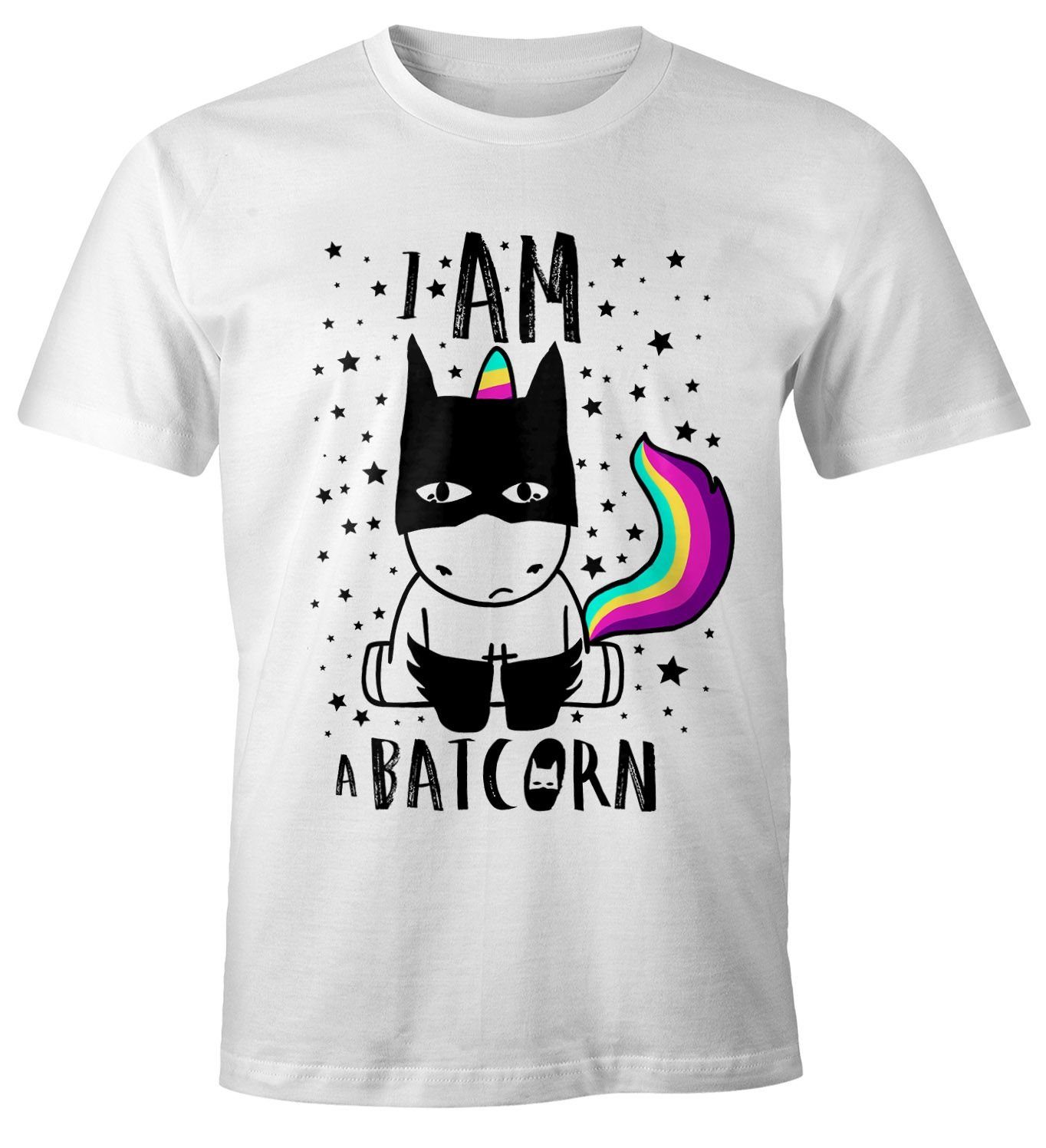 Batcorn Herren mit Shirt Unicorn MoonWorks Fun-Shirt Einhorn Print Moonworks® Print-Shirt weiß