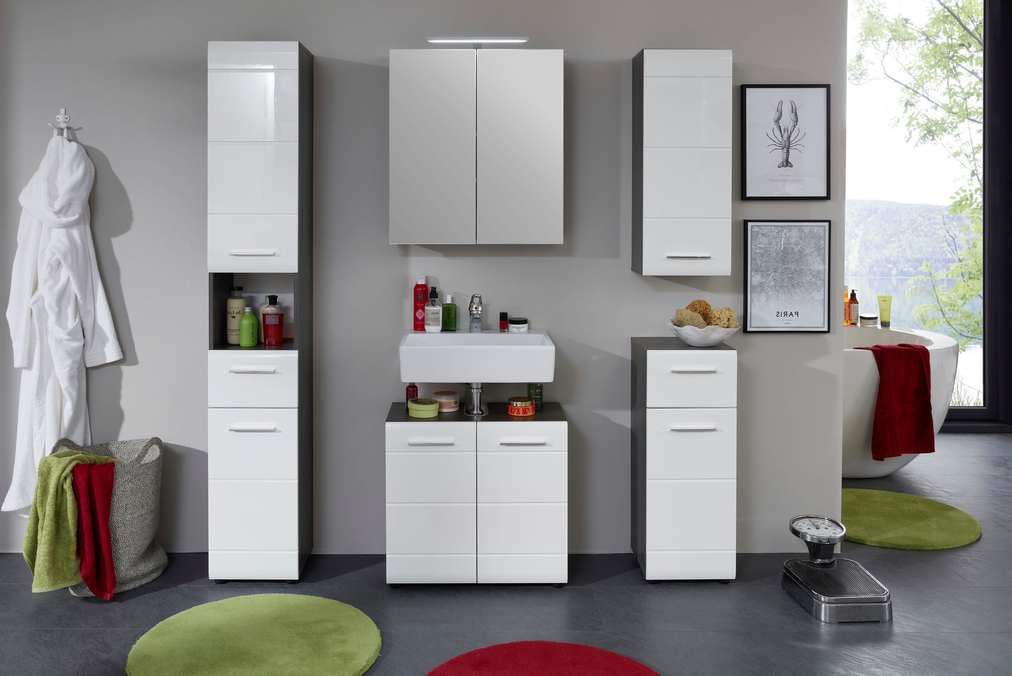 welltime Badmöbel-Set Sovana, (Set, 5-St), Badezimmermöbel mit Hochglanzfronten inklusive Aufsatzleuchte