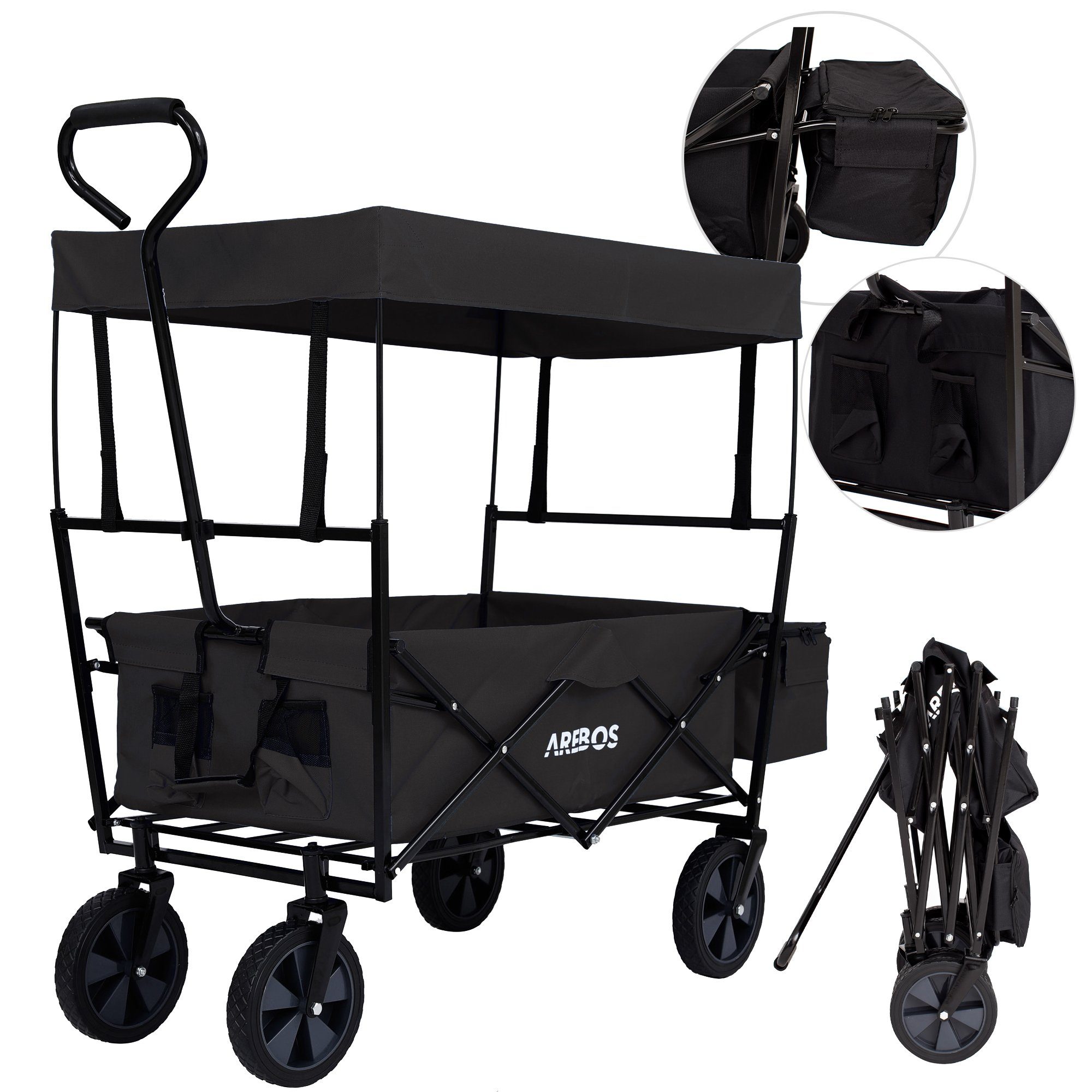 Arebos Bollerwagen faltbar mit Dach, Handwagen, Transportwagen, Faltwagen (schwarz), Maße 117 x 55 x 125 cm