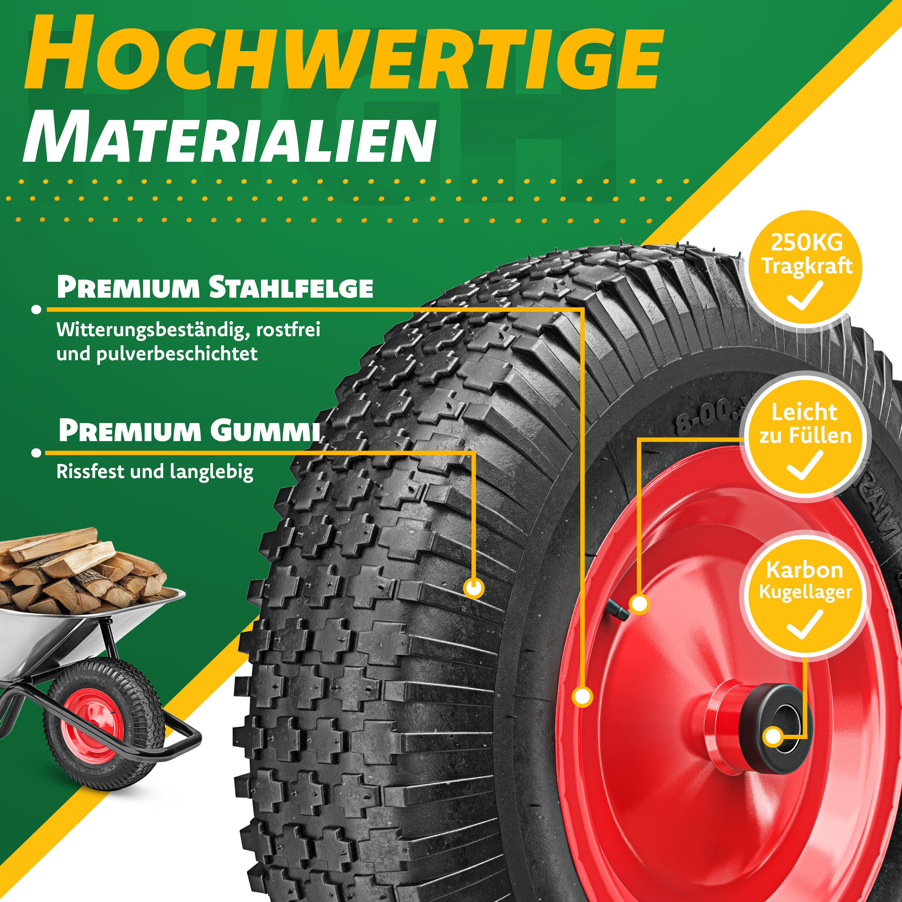 MASKO Schubkarren-Rad Air Luftbereifung 250kg Traglast (Luft-Rad mit Stahlfelge, Handschuhen & Karbonstahl-Kugellager), Ersatzrad für Schubkarre & Gartenkarre p – Bild 5 von 5