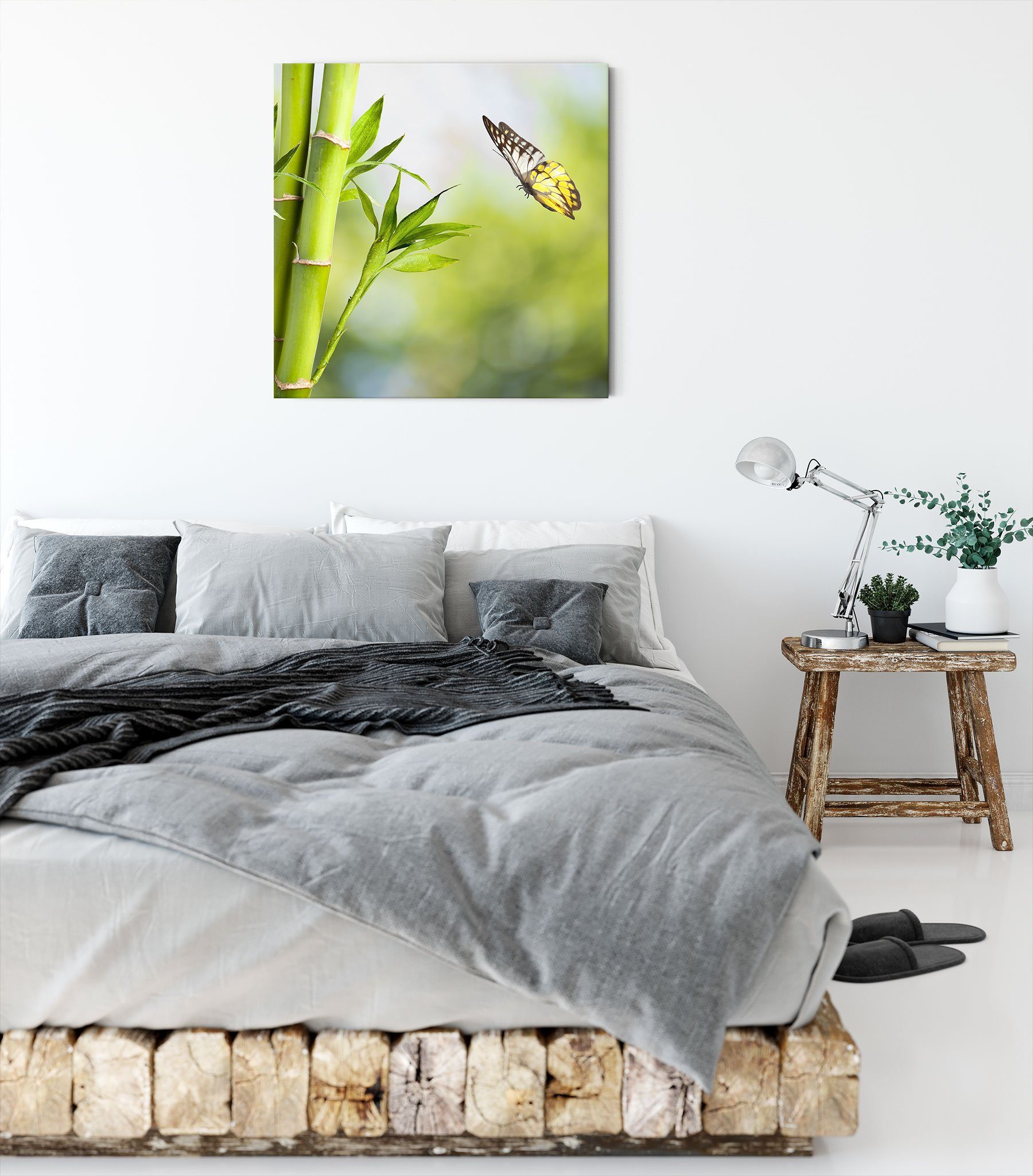 Schmetterling, inkl. Bambus mit mit Pixxprint (1 bespannt, St), Bambus Zackenaufhänger Leinwandbild Schmetterling Leinwandbild fertig