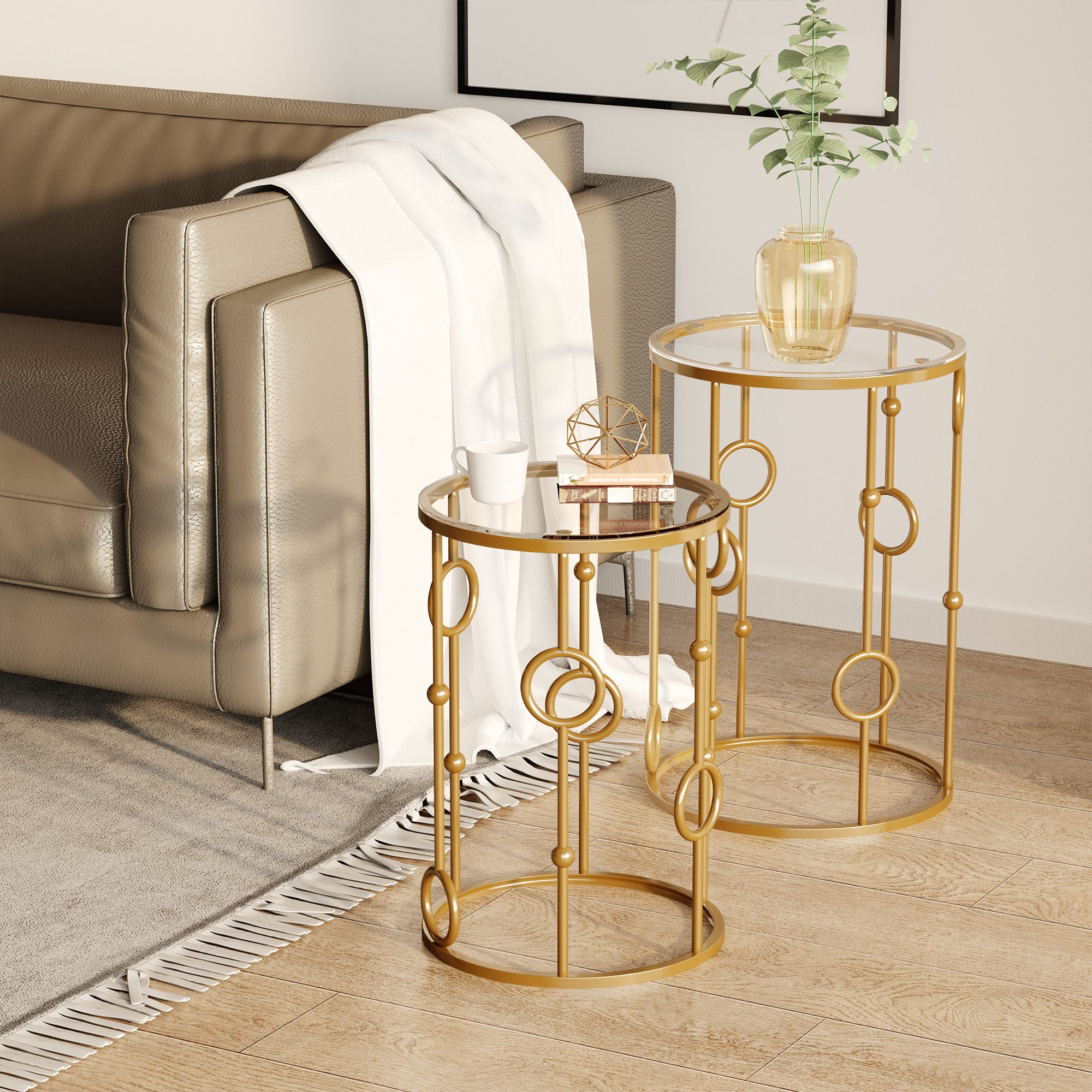 HOMCOM Couchtisch Beistelltisch, Glasplatte, Wohnzimmertisch, Reifen- und Kugeldesign (Sofatisch, 2-St., Beistelltisch für Wohnzimme, Balkon), für Wohnzimmer, Schlafzimmer, Flur, Ø41 x 57 cm, Gold