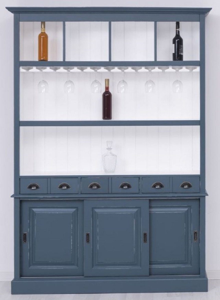 Casa Padrino Barschrank Casa Padrino Landhausstil Massivholz Barschrank Antik Blau / Weiß 151 x 36 x H. 210 cm - Massivholz Weinschrank im Landhausstil - Massivholz Bar Möbel - Landhausstil Bar Möbel