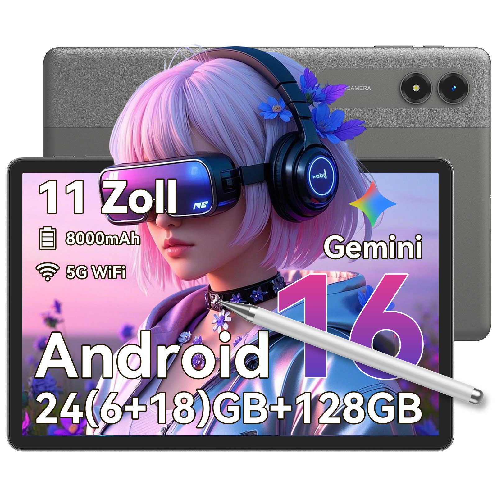 TABWEE T50 11" Android 16 128 GB mit Stift 5G WiFi Tablet (11", 128 GB, Android16, Android 16, Gemini Al Magic, 8000 mAh, 5G WiFi, mit Stift)