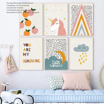 TPFLiving Kunstdruck (OHNE RAHMEN) Poster - Leinwand - Wandbild, Regenbogen, Herz, Löwe, Bär, Wal, Sonne, Wolken, Einhorn - (Für Kinderzimmer, Mädchenzimmer, Babyzimmer, Jungenzimmer), Farben: Pastel, blau, braun, beige - Größe: 10x15cm